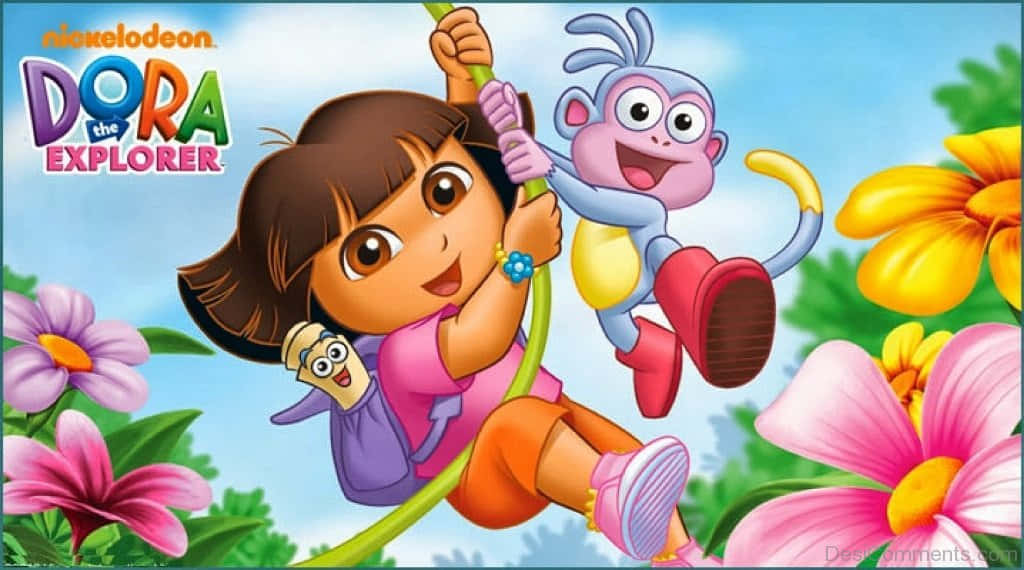 Funny Dora 桌布 壁紙 — Dora the Explorer 和 Boots 在明亮的藍天下，穿過一個充滿色彩繽紛花朵的熱帶叢林盪來盪去。