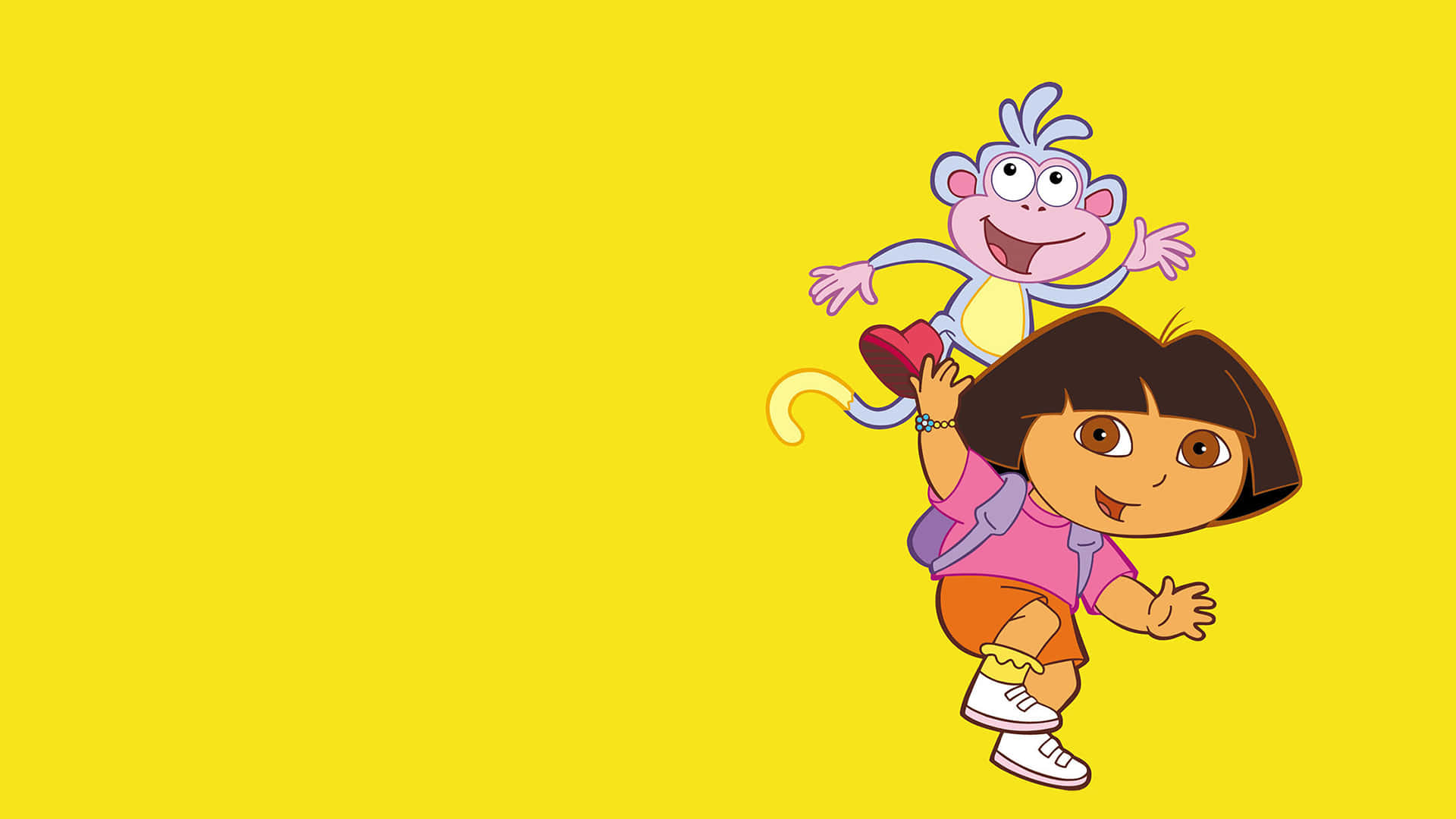 Dora 桌布 壁紙 — Dora the Explorer 和她的猴子朋友 Boots 在明亮的黃色背景上歡快地跳躍。