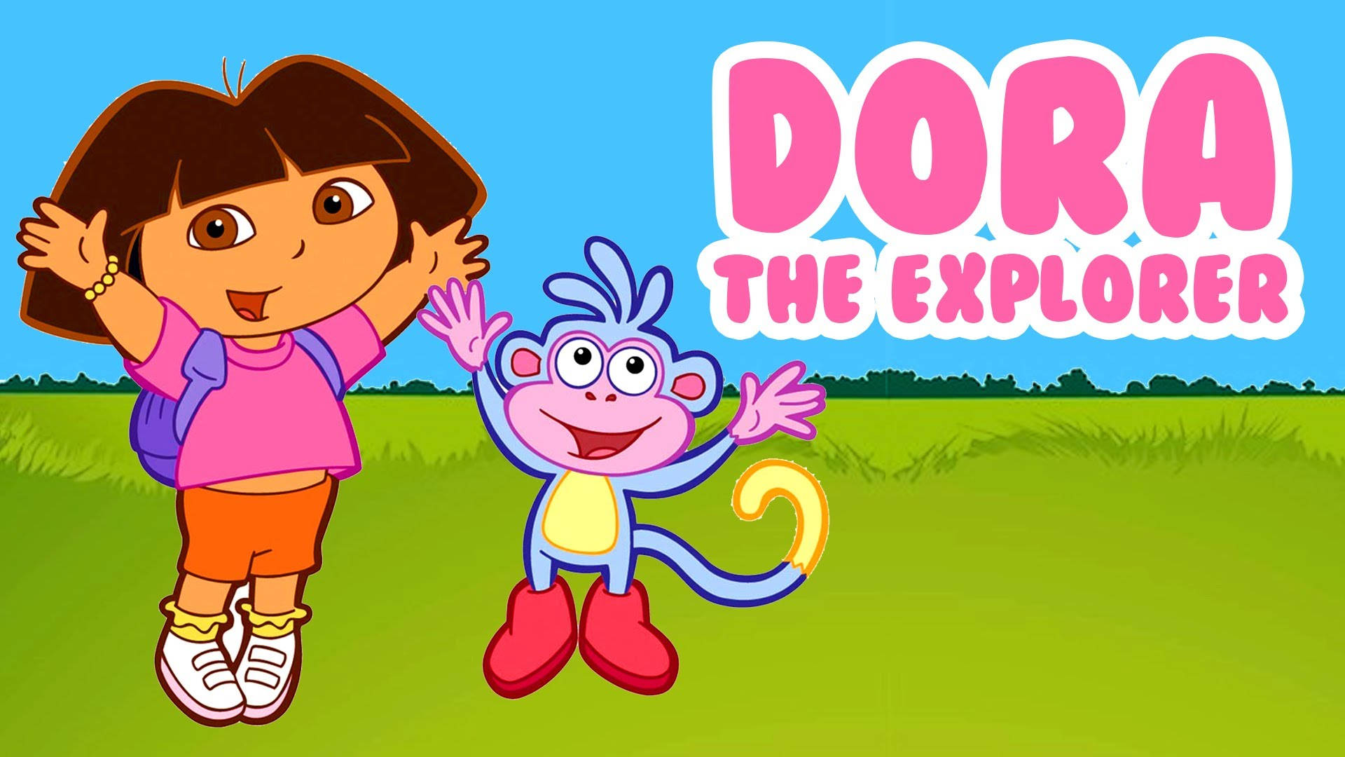 Dora 桌布 壁紙 — Dora the Explorer 和她的猴子朋友 Boots 在晴朗的藍天下，在一片明亮的綠色田野中愉快地揮手。