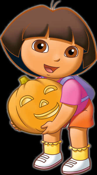 Dora 桌布 壁紙 — Dora the Explorer 在黑色背景前抱著一個笑臉南瓜燈，有明亮的眼睛和開心的笑容。