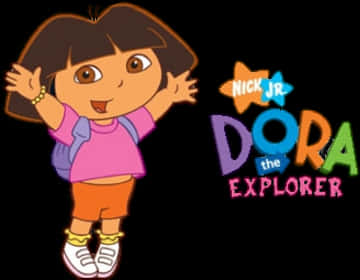 Dora 桌布 壁紙 — Dora the Explorer 卡通角色，身穿粉紅色襯衫和橙色短褲，背著背包在黑色背景前揮手。