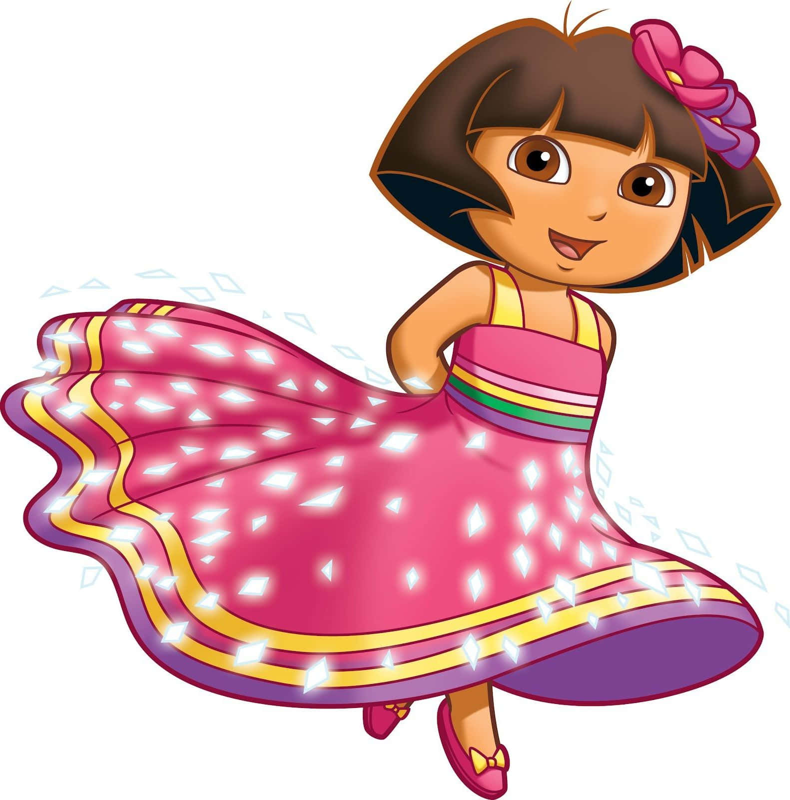 Funny Dora 桌布 壁紙 — Dora the Explorer 穿著閃閃發光的粉紅色連衣裙，在純白色背景前快樂地旋轉。