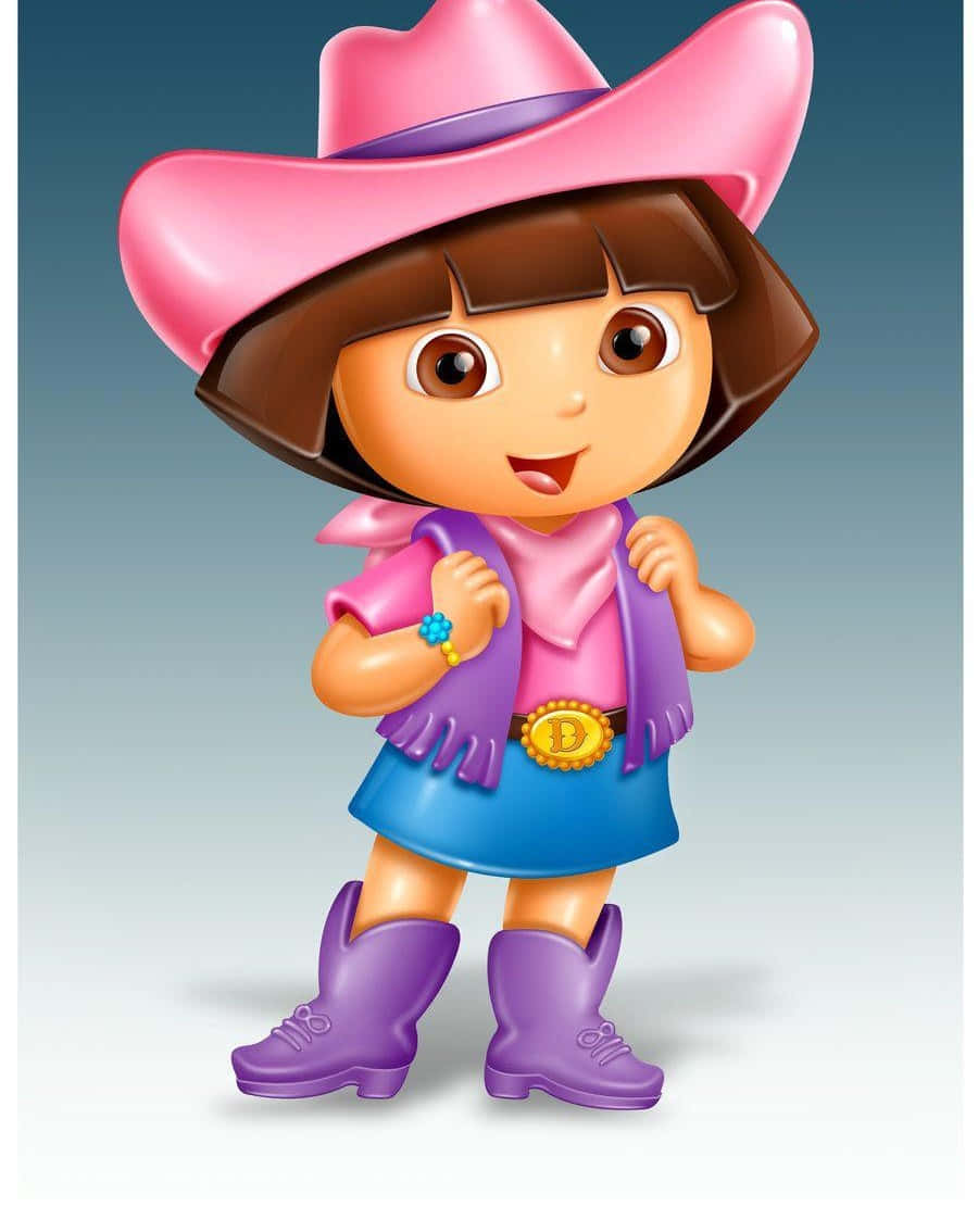 Dora 桌布 壁紙 — Dora the Explorer 戴著粉紅色牛仔帽、紫色背心和靴子，在漸變藍色背景前開心站立。