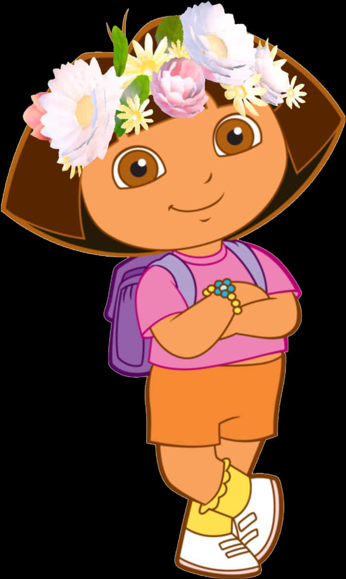 Dora 桌布 壁紙 — Dora the Explorer 戴著色彩繽紛的花冠和紫色背包，交叉雙臂站立。