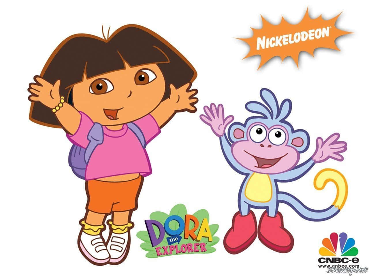 Dora 桌布 壁紙 — Dora the Explorer 和她的猴子朋友 Boots 在純白色背景上開心地揮手，並帶有節目標誌。