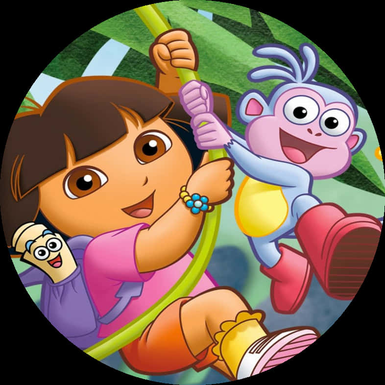 Dora 桌布 壁紙 — Dora the Explorer 和 Boots 手拿微笑地圖，在茂密的綠色叢林樹冠中快樂地盪來盪去。