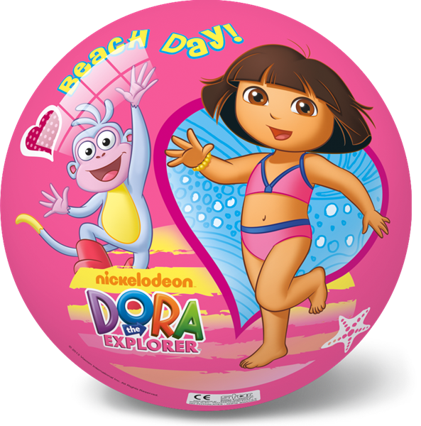 愛探險的朵拉 桌布 壁紙 — Dora the Explorer 和 Boots 在粉紅色沙灘球上愉快地揮手，帶有「沙灘日！」文字和海星圖案。