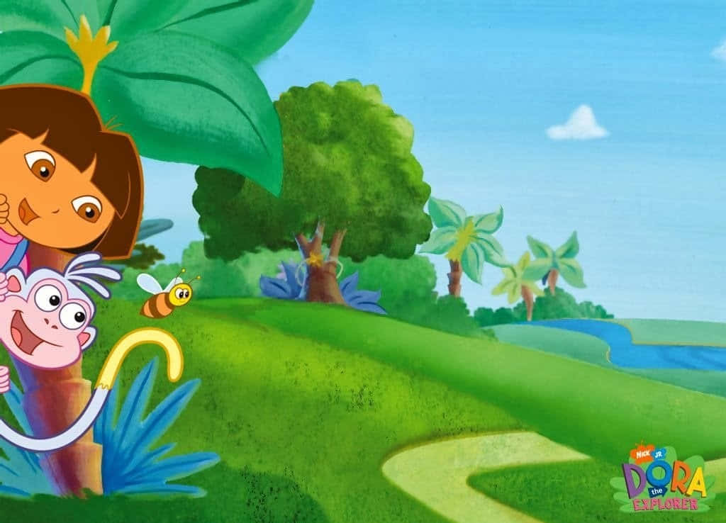 Dora 桌布 壁紙 — Dora the Explorer 和她的猴子朋友 Boots 從叢林樹葉後探出頭來，附近有一隻嗡嗡作響的蜜蜂。