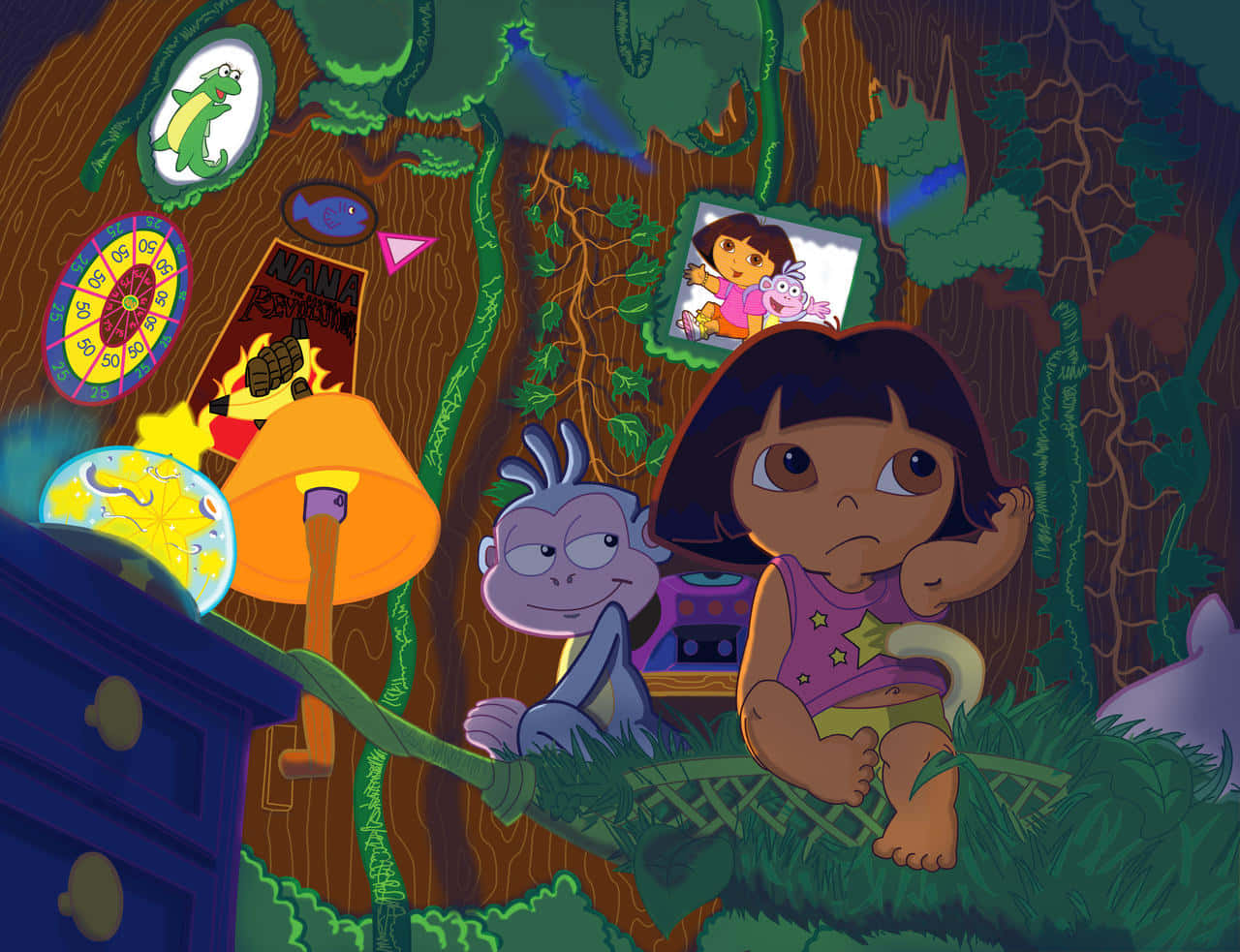 Dora 桌布 壁紙 — Dora the Explorer 和她的猴子朋友坐在樹屋床上，周圍是茂密叢林中的發光魔法物品。