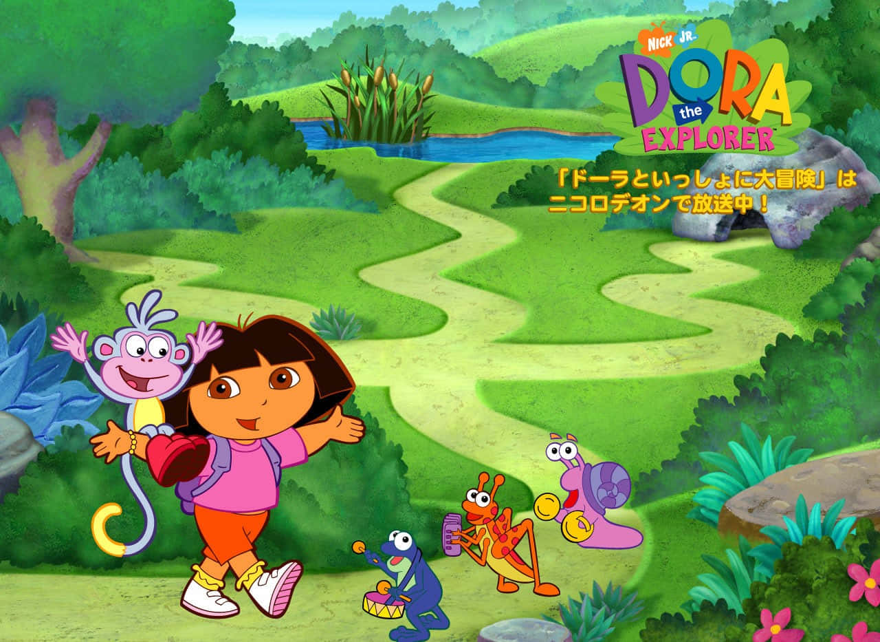 Dora 桌布 壁紙 — Dora the Explorer 和她的朋友們快樂地穿越一個充滿活力的叢林，有蜿蜒的小徑和色彩繽紛的植物。