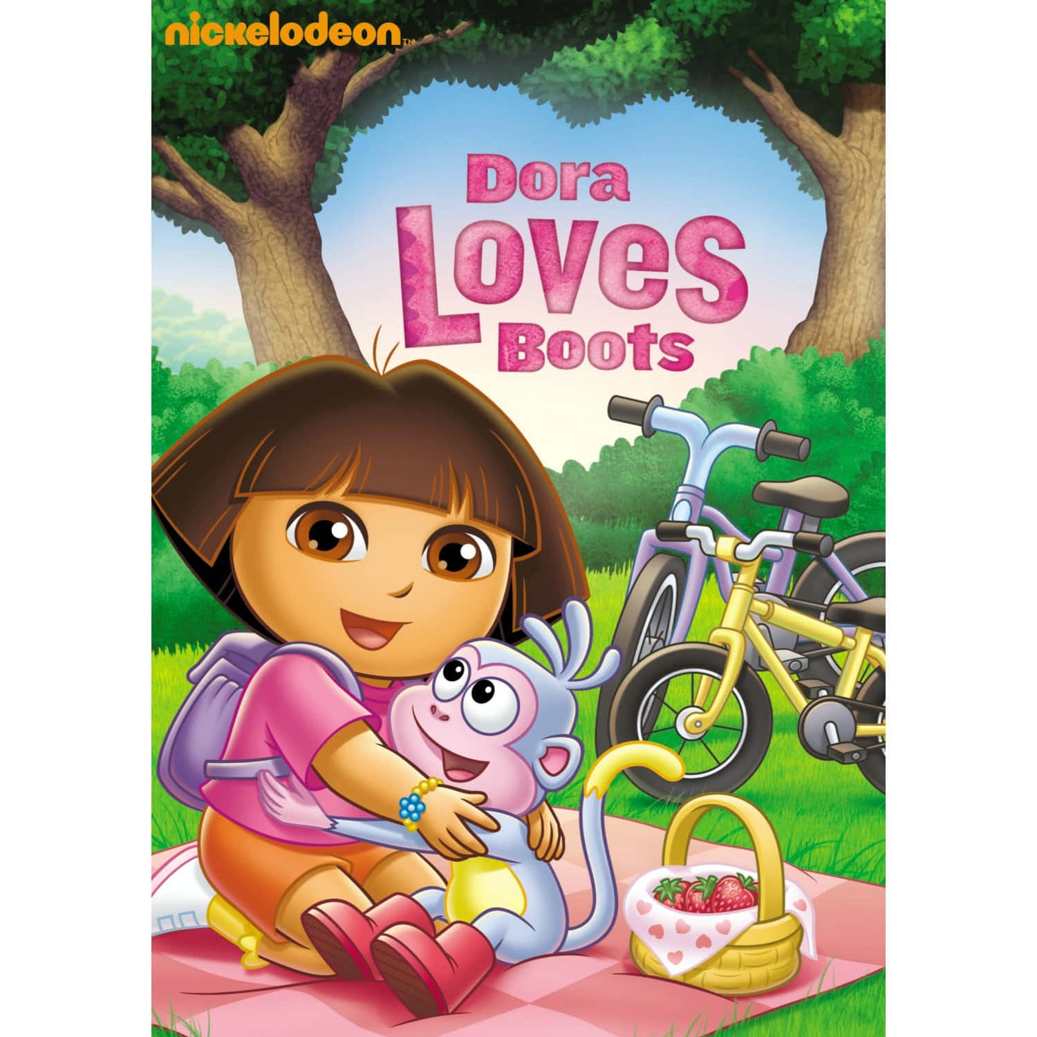 Dora 桌布 壁紙 — Dora the Explorer 在陽光明媚的森林空地上，在腳踏車和草莓野餐籃旁邊擁抱她的猴子朋友。