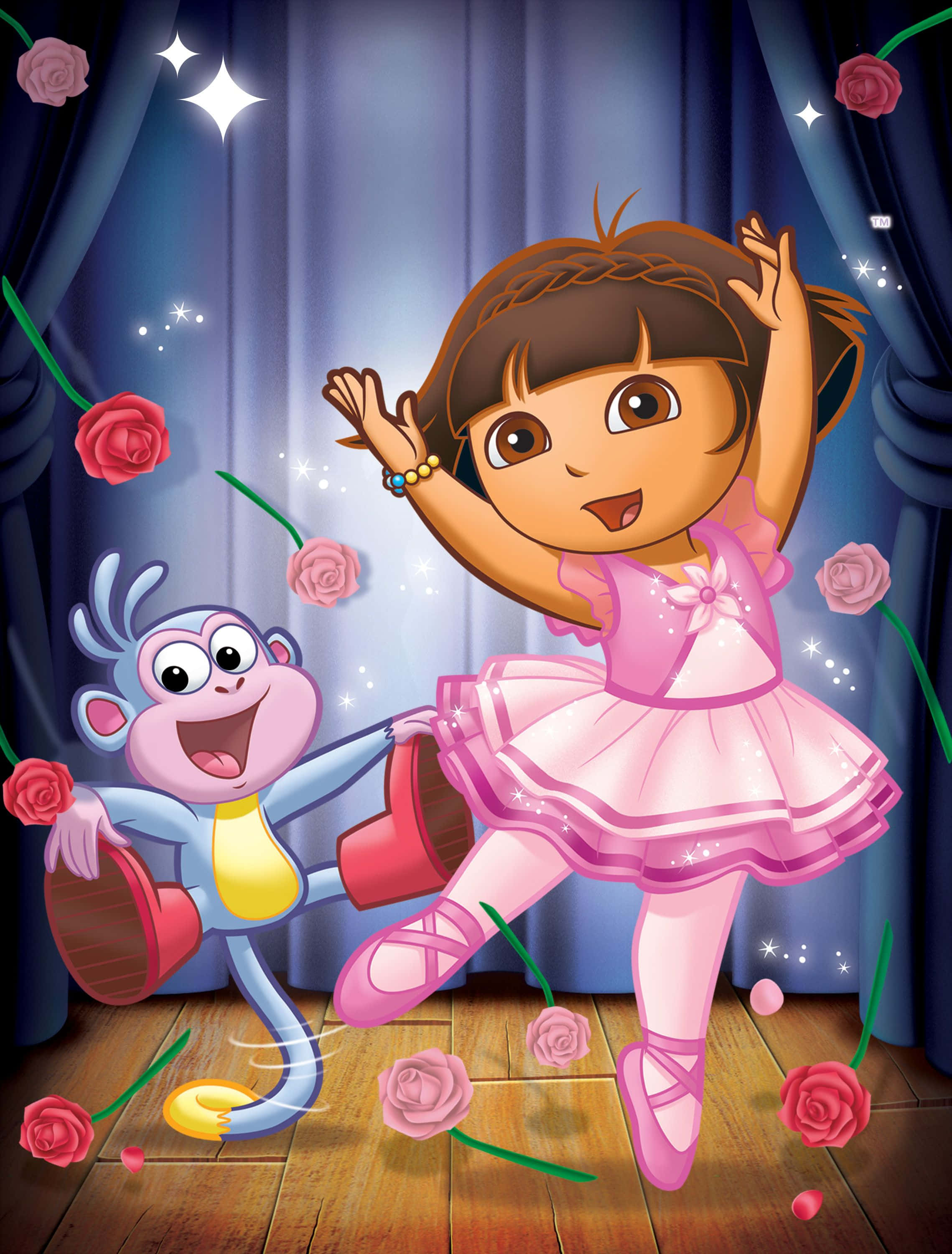 Dora 桌布 壁紙 — Dora the Explorer 穿著粉紅色芭蕾舞服裝，與Boots在舞台上快樂地跳舞，玫瑰和閃光在他們周圍飄浮。