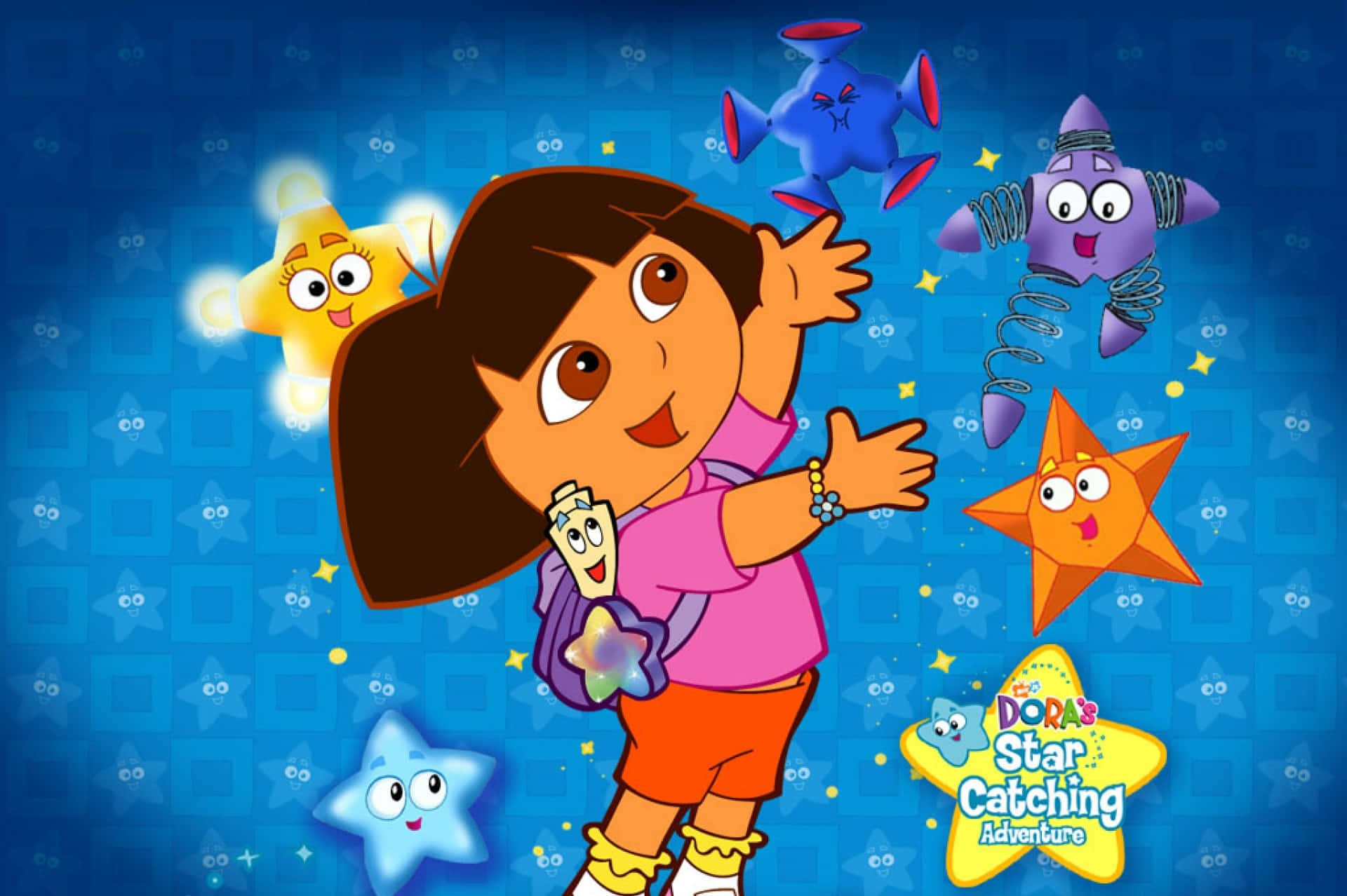 Dora 桌布 壁紙 — Dora the Explorer 愉快地伸手觸摸色彩繽紛的卡通星星和外星生物，背景為藍色圖案。