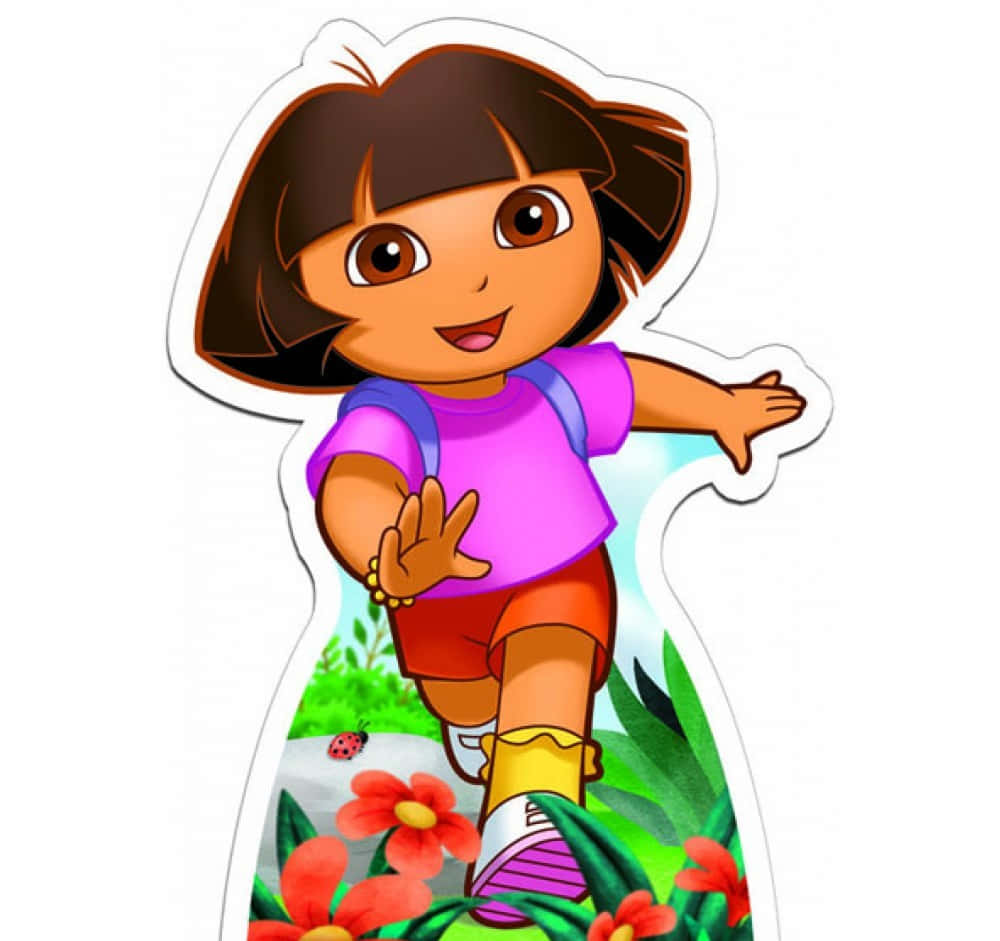 Dora 桌布 壁紙 — Dora the Explorer 卡通角色在充滿活力的叢林環境中，有紅花和瓢蟲。