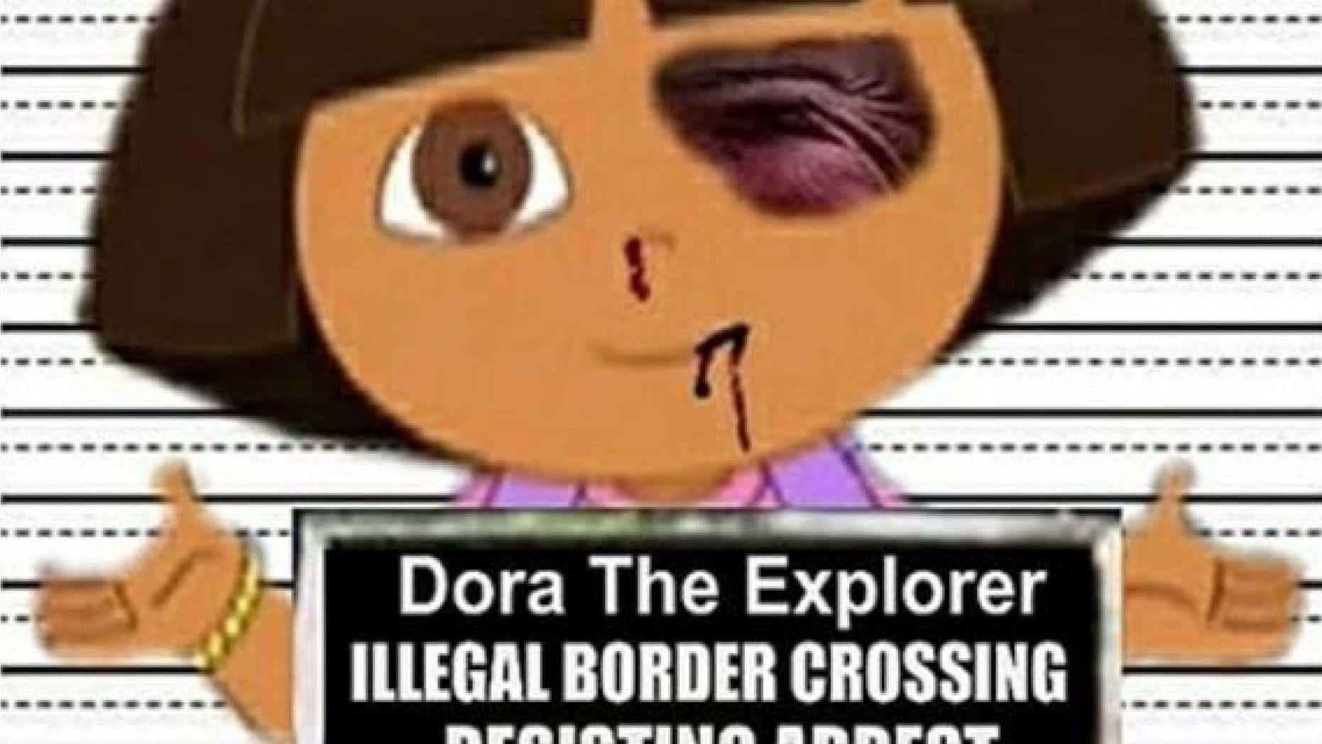Funny Dora 桌布 壁紙 — Dora the Explorer 帶著黑眼圈和流血的鼻子，在 mugshot 中擺姿勢，舉著一個寫著非法越境和拒捕的牌子。