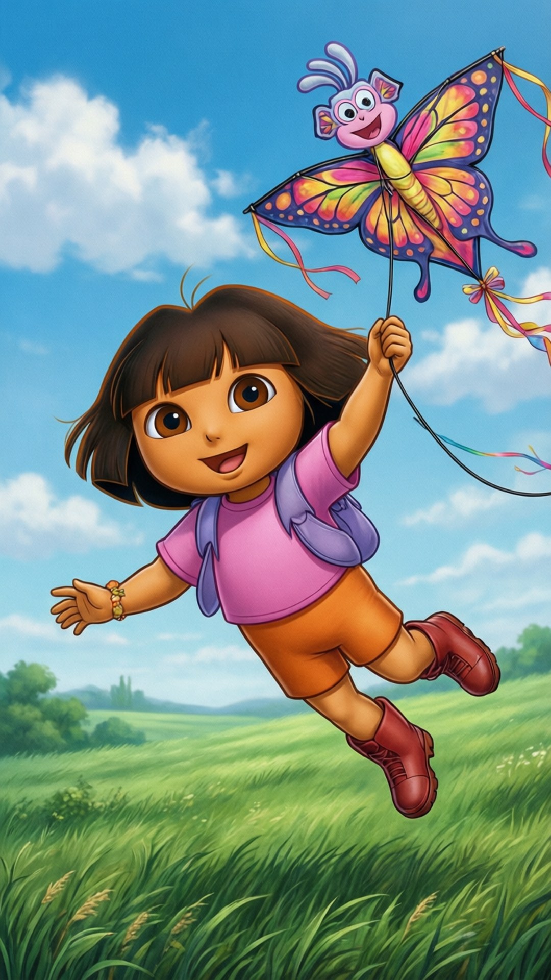 Kite Flying Fun 壁紙 — 愛探險的Dora在陽光明媚的草地上開心地奔跑，手上拿著一個色彩繽紛的蝴蝶風箏，背景是晴朗的藍天和 fluffy 雲。