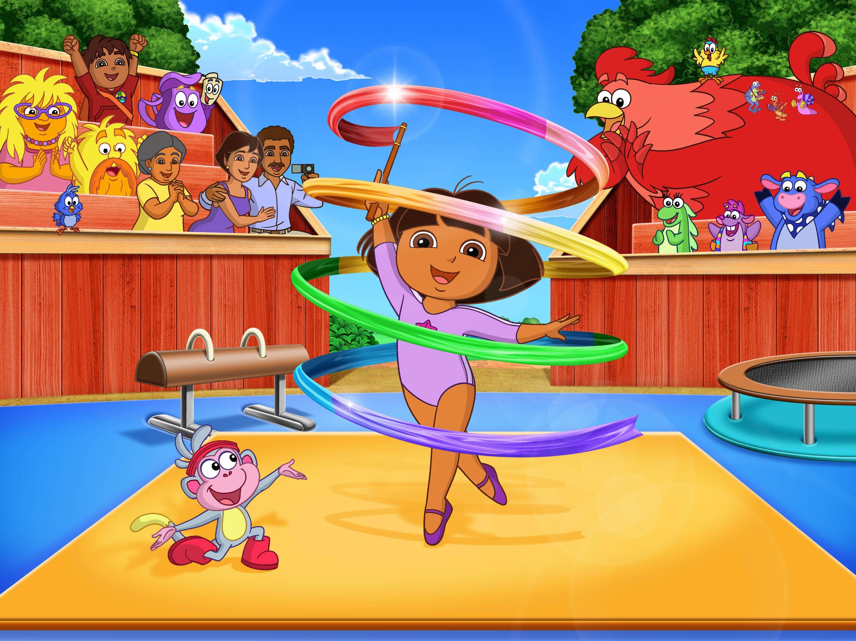 Dora 桌布 壁紙 — Dora the Explorer 在充滿活力的戶外體育館中表演色彩繽紛的呼拉圈套路，有歡呼的朋友和動畫動物觀眾。