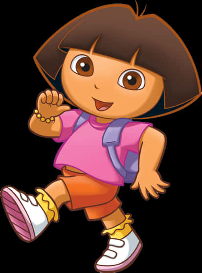 Dora 桌布 壁紙 — Dora the Explorer 愉快地奔跑，身穿標誌性的粉紅色襯衫和橙色短褲，背著紫色背包。