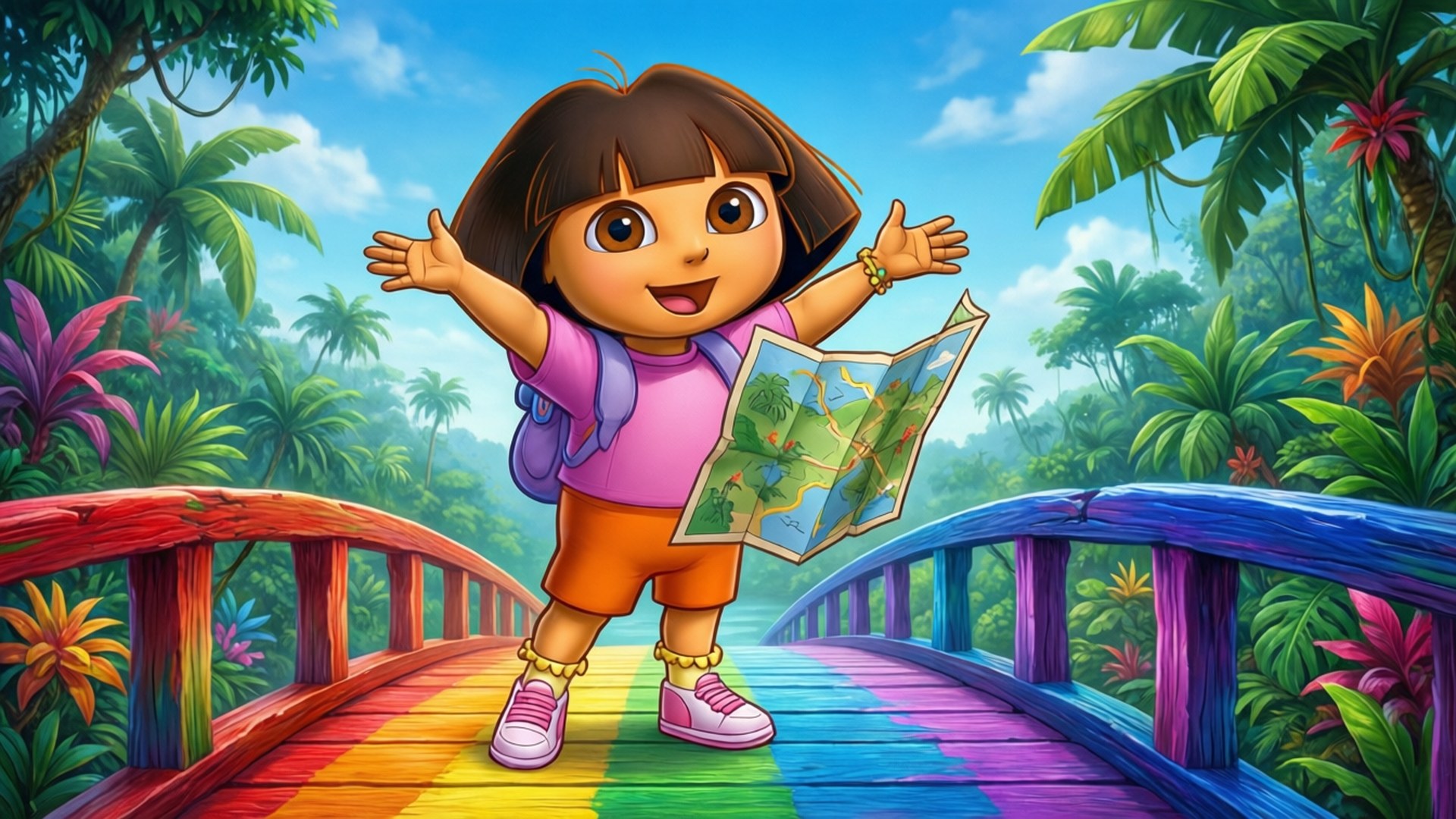 Rainbow Bridge Triumph 壁紙 — Dora the Explorer 愉快地站在熱帶叢林中的彩虹橋上，手持地圖。