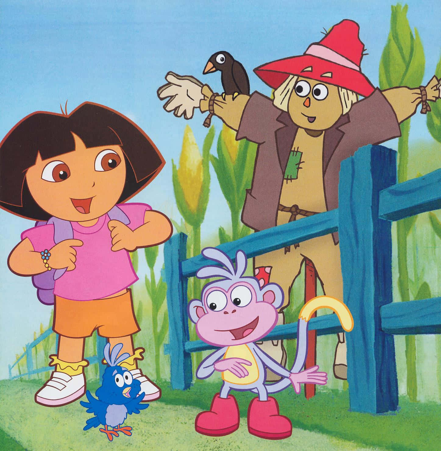 Dora 桌布 壁紙 — Dora 和 Boots 在陽光明媚的田野裡探索，旁邊有一個友善的稻草人和一隻小鳥。