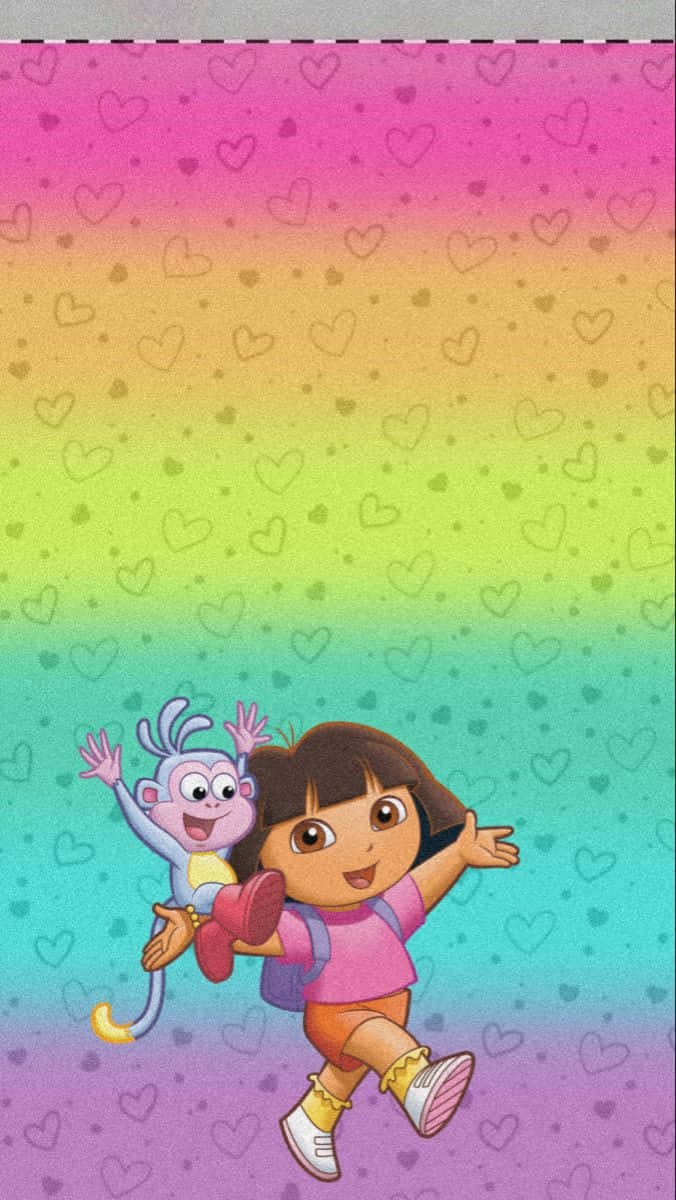 Dora 桌布 壁紙 — Dora 和 Boots 愉快地跳過一個充滿心形的鮮豔彩虹天空。