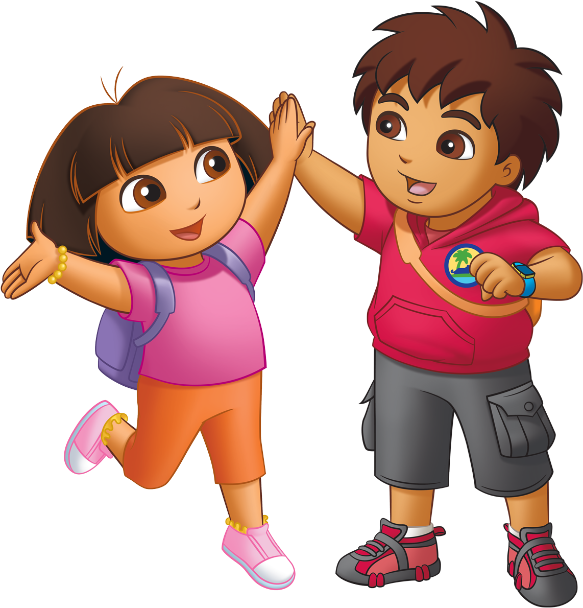 愛探險的朵拉 桌布 壁紙 — Dora 和 Diego 在純黑色背景前以鮮豔卡通風格愉快地擊掌。