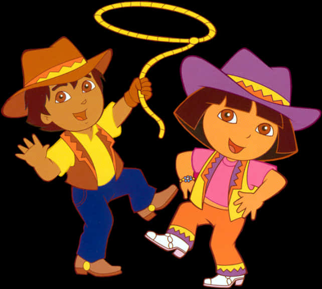 Dora 桌布 壁紙 — Dora 和 Diego 穿著牛仔服裝，在黑色背景前開心地拿著套索擺姿勢。