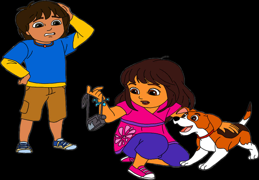 Dora 桌布 壁紙 — Dora 和 Diego 與他們的狗 Boots 在黑色背景上的卡通插圖。