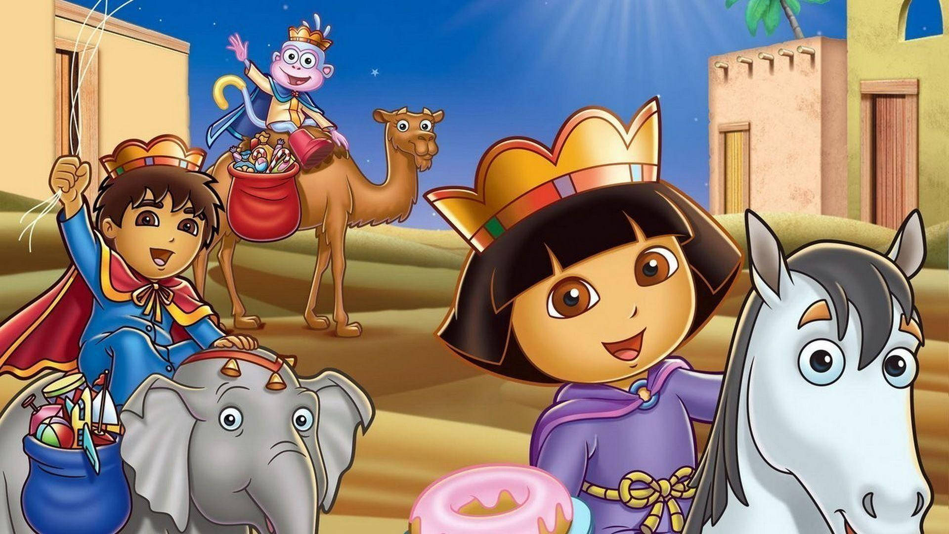 Dora 桌布 壁紙 — Dora 和朋友們在星空下的沙漠小鎮中，與駱駝、大象和馬一起進行色彩繽紛的卡通冒險。