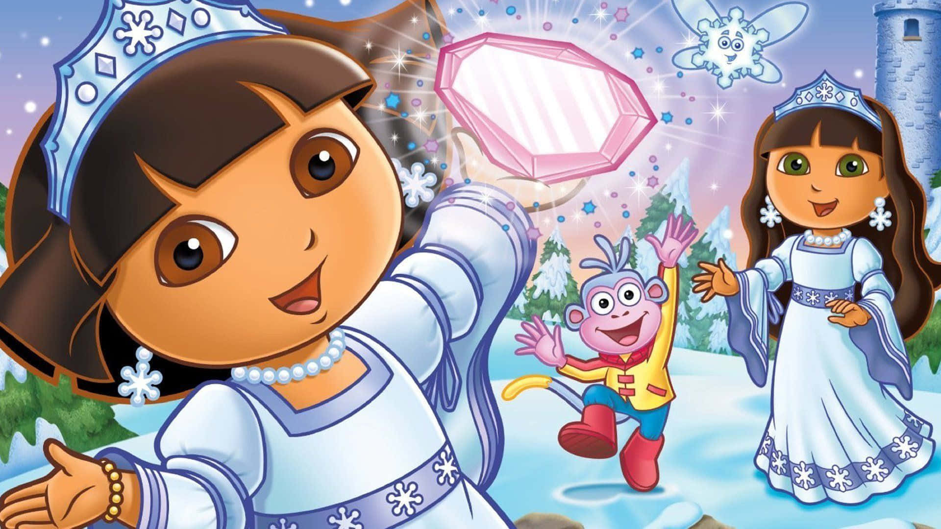 Dora 桌布 壁紙 — Dora 和朋友們穿著冬季公主服裝，在神奇的雪景中與巨大的粉紅色寶石和雪花一起歡樂慶祝。