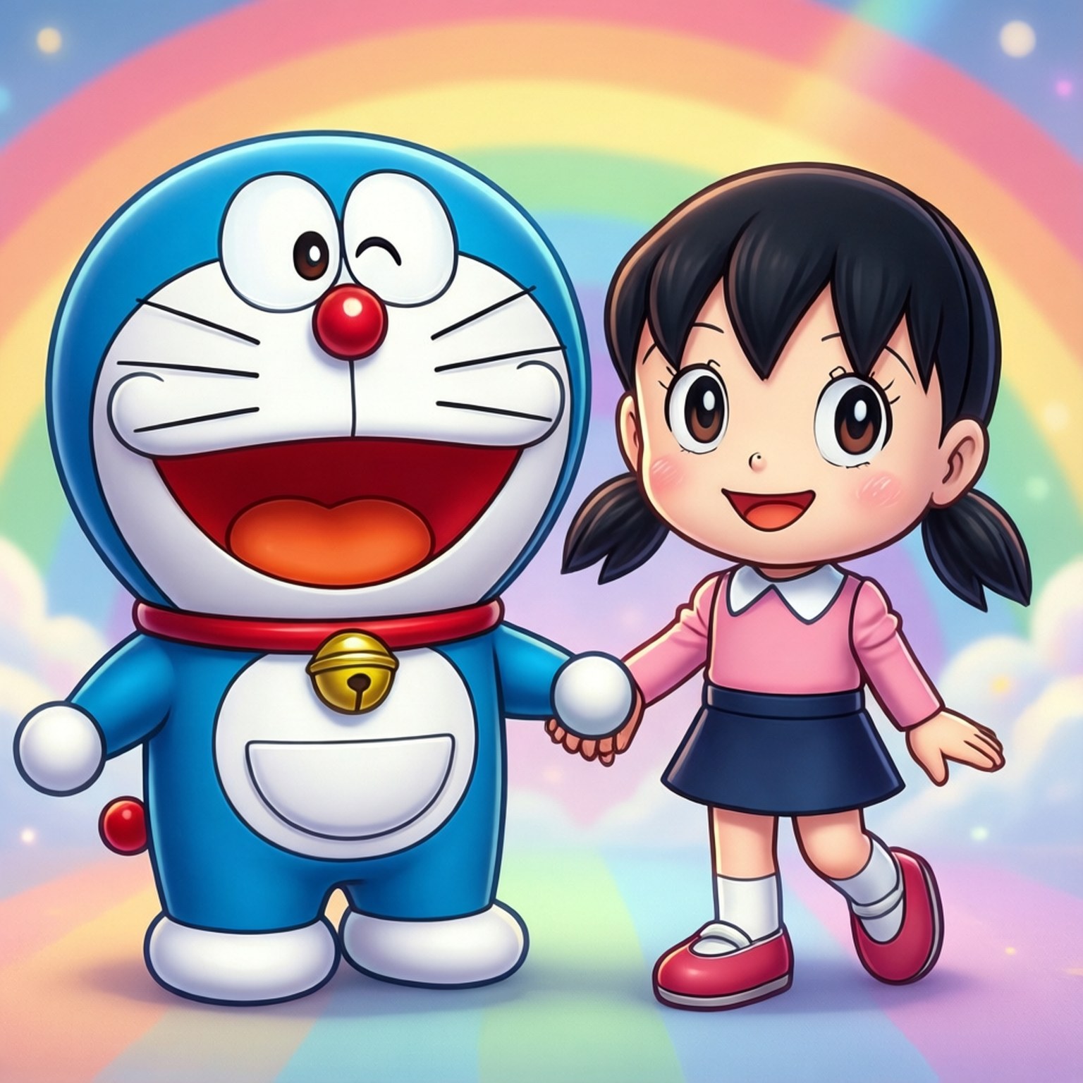 Sibling Love 壁紙 — 哆啦A夢和一個女孩在充滿活力的彩虹下牽手，周圍有蓬鬆的雲朵和閃爍的光芒。