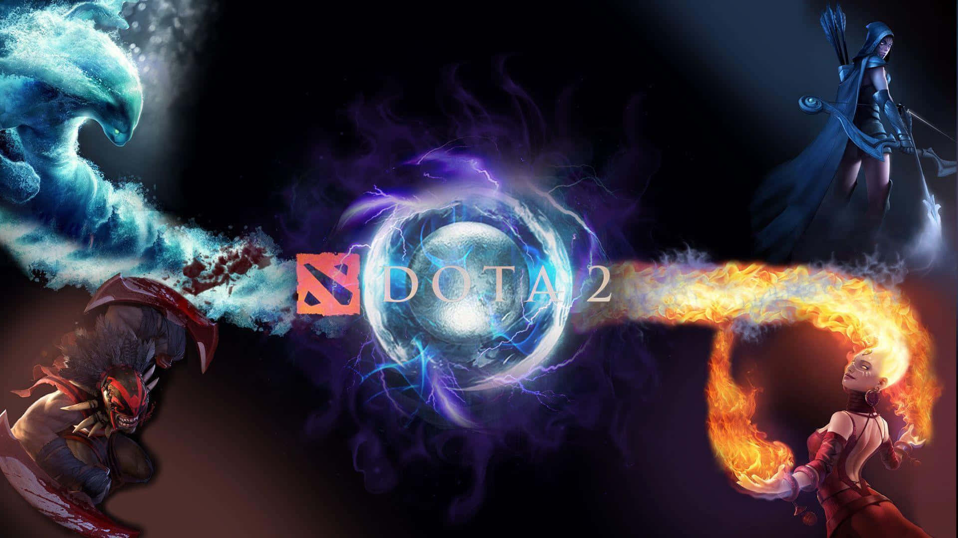 HD Dota 2 桌布 壁紙 — Dota 2 標誌被元素力量包圍，奇幻英雄在黑暗宇宙背景下揮舞水、火和閃電。