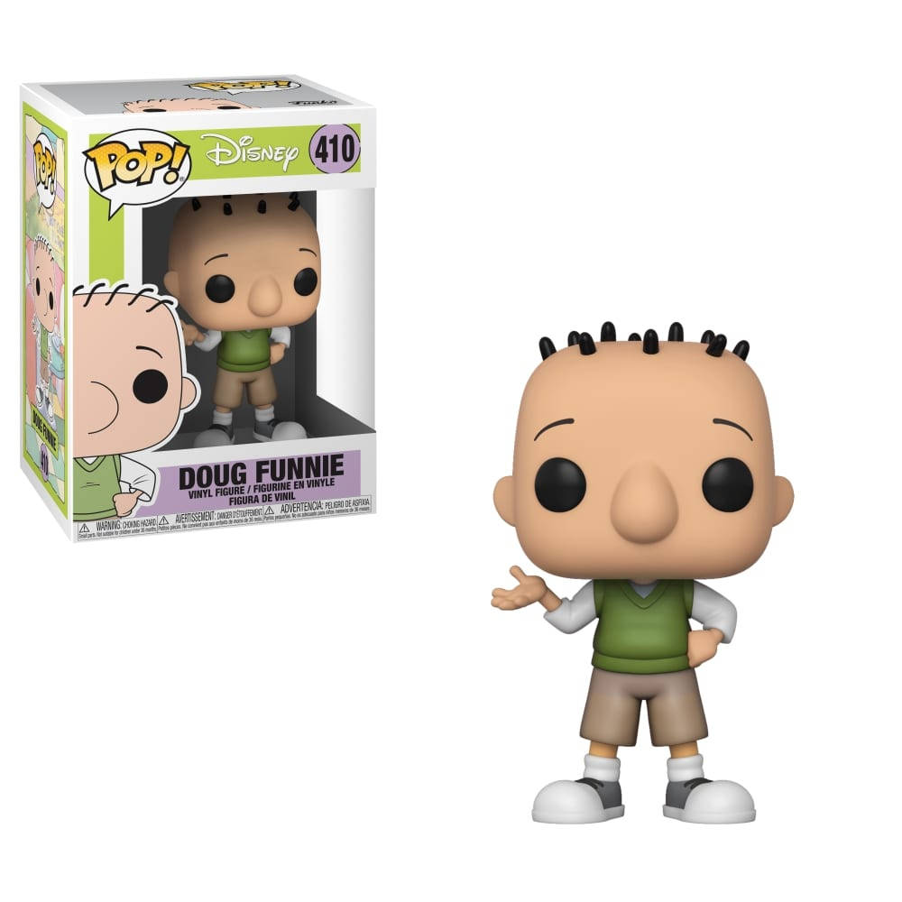 Doug 桌布 壁紙 — Doug Funnie 的 Funko Pop! 乙烯基公仔，身穿綠色背心和棕色短褲，站在其原裝迪士尼包裝旁。