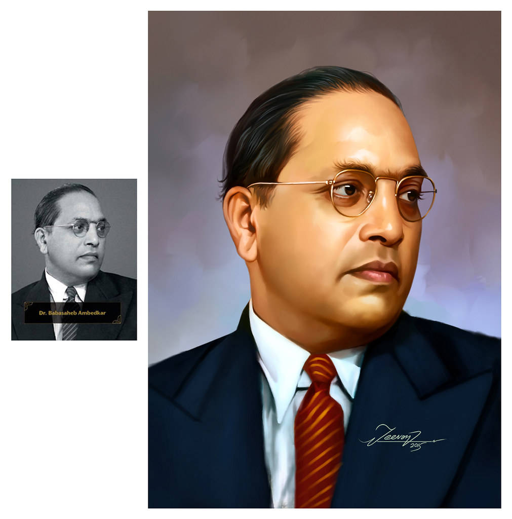 Dr Babasaheb Ambedkar 桌布 壁紙 — Dr. B R 安貝德卡的數位肖像，身穿深色西裝和紅色領帶，背景為柔和漸層色。