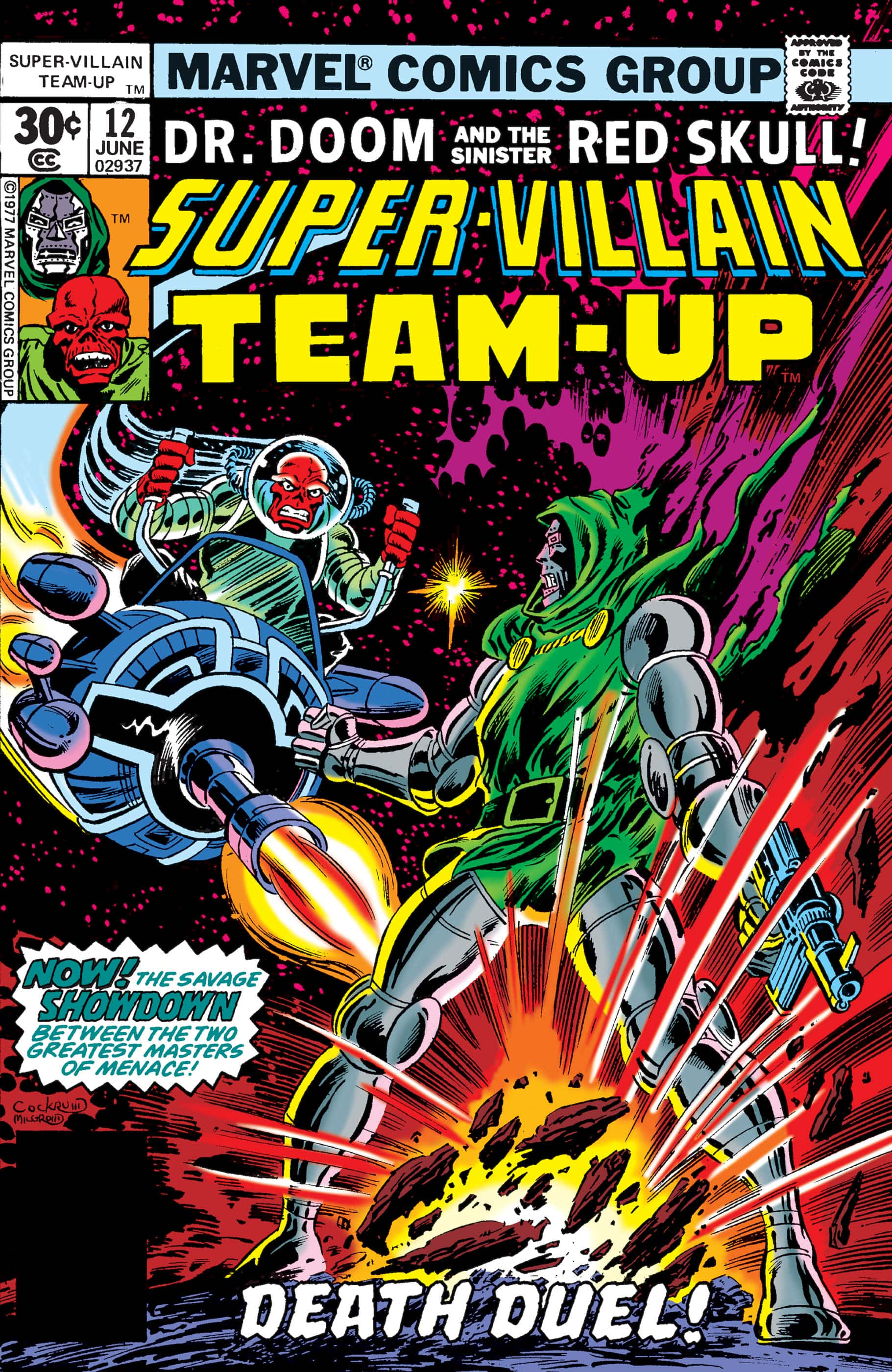 Supervillain Team-up 桌布 壁紙 — Dr Doom 與 Red Skull 在火熱的漫畫封面上碰撞，色彩大膽，能量爆炸。