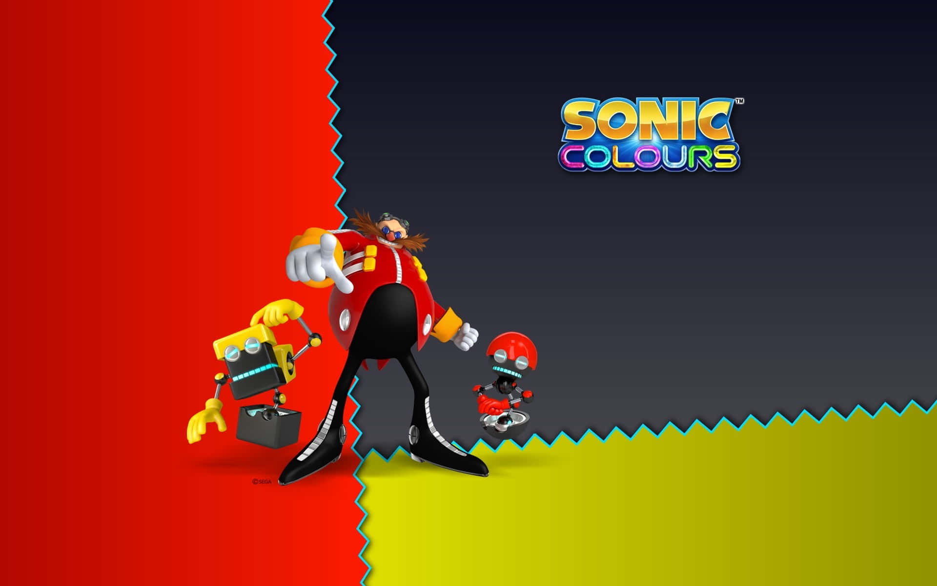 遊戲 桌布 壁紙 — Dr Eggman 在充滿活力的 Sonic Colours 遊戲場景中，站在鋸齒狀的紅綠分割背景上，與他的機器人一起勝利地站立著。