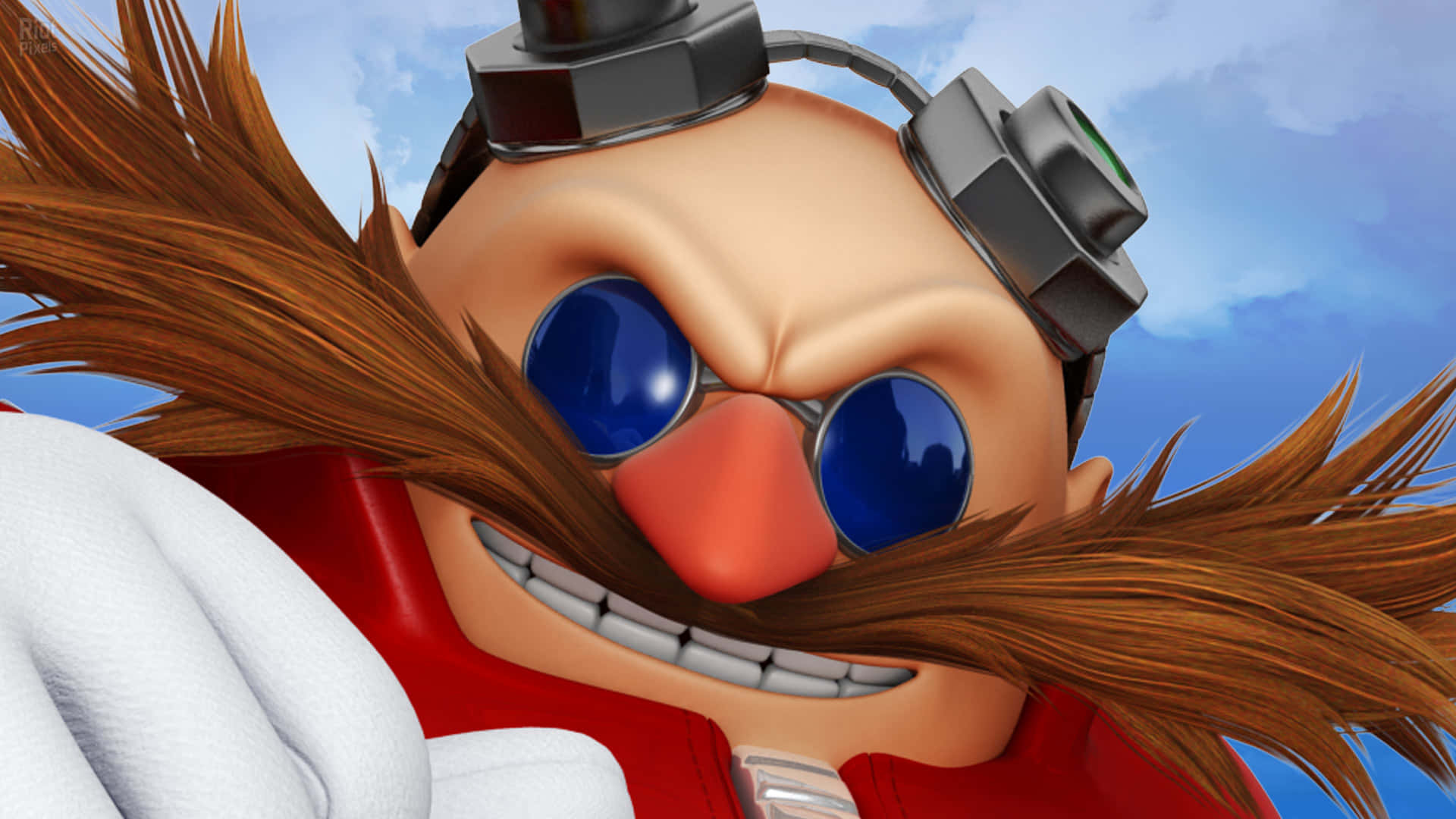 Sonic And All-stars Racing Transformed 桌布 壁紙 — Dr. Eggman 的特寫，他有亂糟糟的棕色頭髮和藍色護目鏡，背景是明亮的藍天。