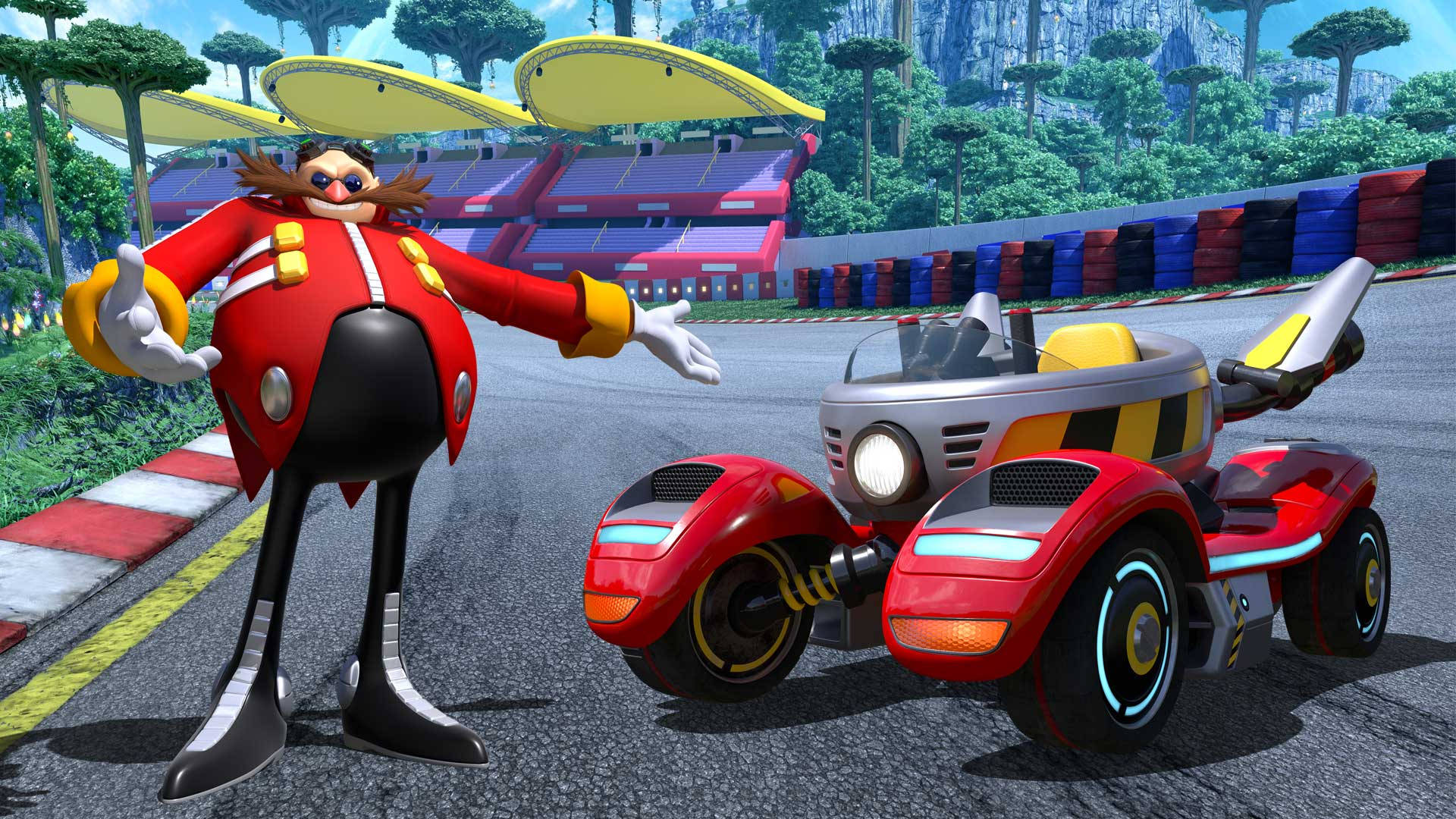Eggman 桌布 壁紙 — Dr Eggman 自豪地站在他的紅黃色賽車旁邊，在明亮的藍天下充滿活力的賽道上。