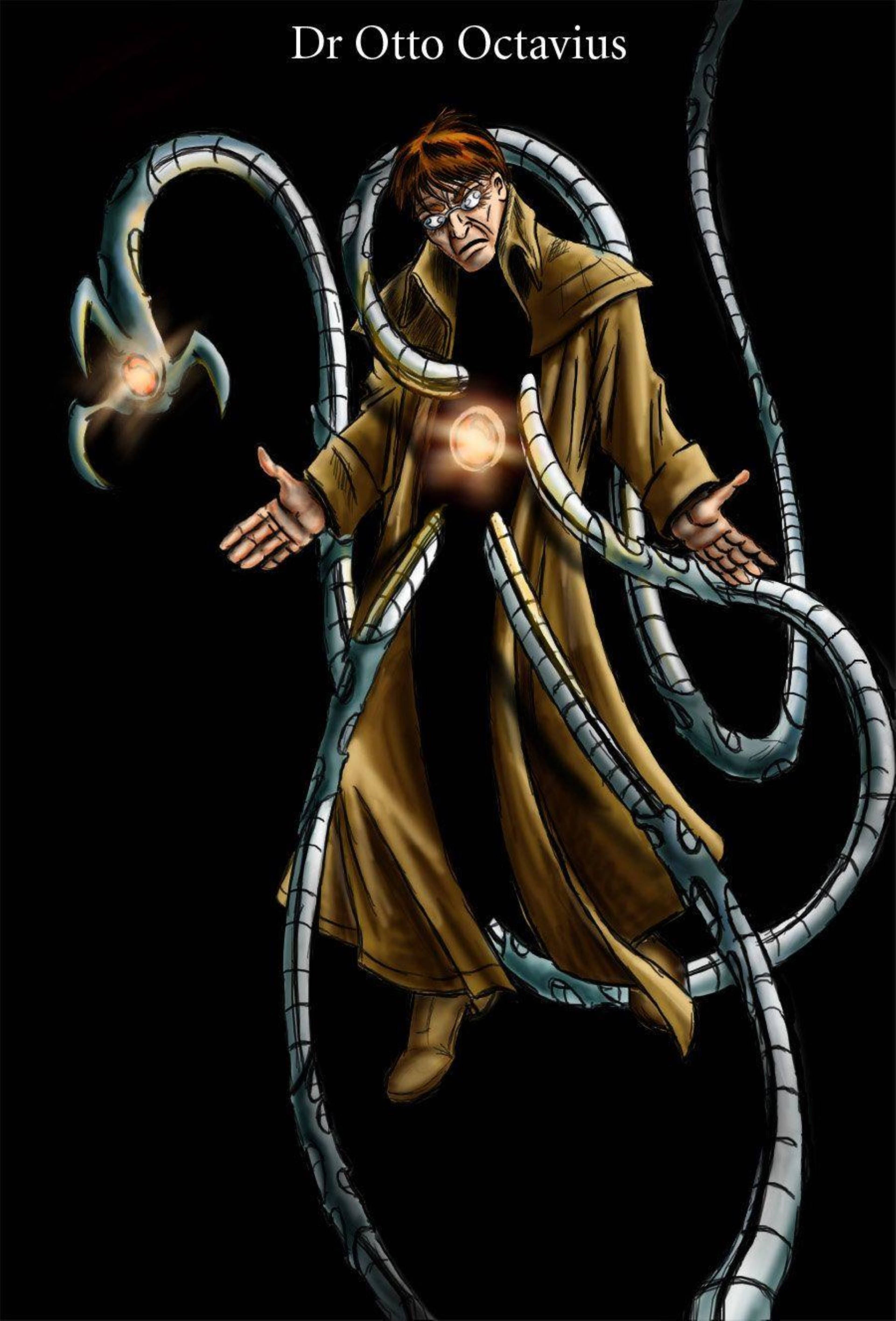 Doctor Octopus 桌布 壁紙 — Dr. Otto Octavius 身穿棕色外套，被發光的機械觸手包圍，背景為黑色。