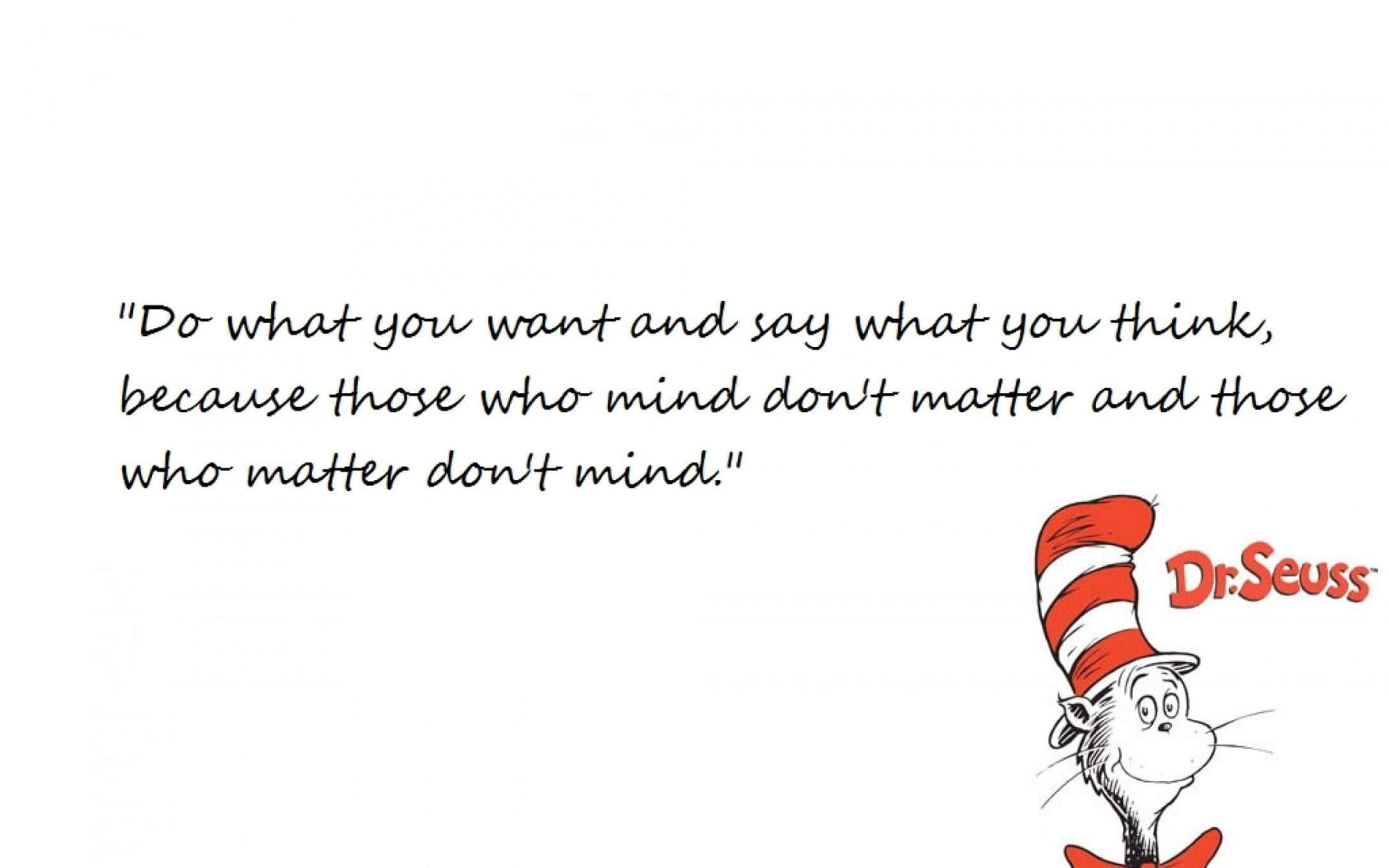 Inspirational Quotes 桌布 壁紙 — Dr. Seuss 的《戴帽子的貓》在其標誌性的紅白條紋帽子旁微笑，並附有手寫的勵志語錄。