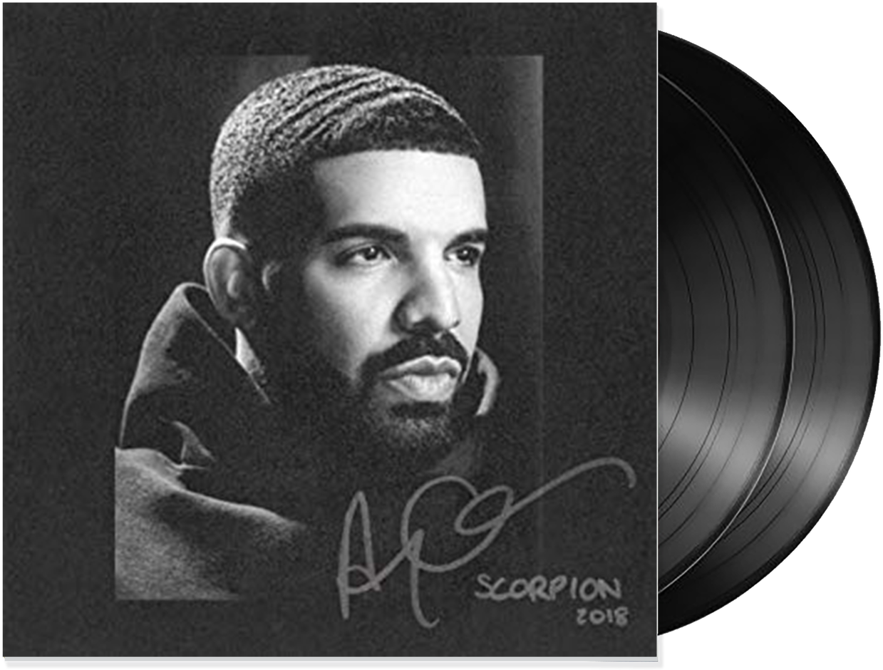 Album Cover 桌布 壁紙 — Drake 在其「Scorpion」專輯封面上的黑白肖像，旁邊部分可見一張黑膠唱片。