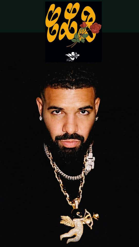 Certified 桌布 壁紙 — Drake 在黑色背景上強烈凝視，背景飾有金色標誌和玫瑰。