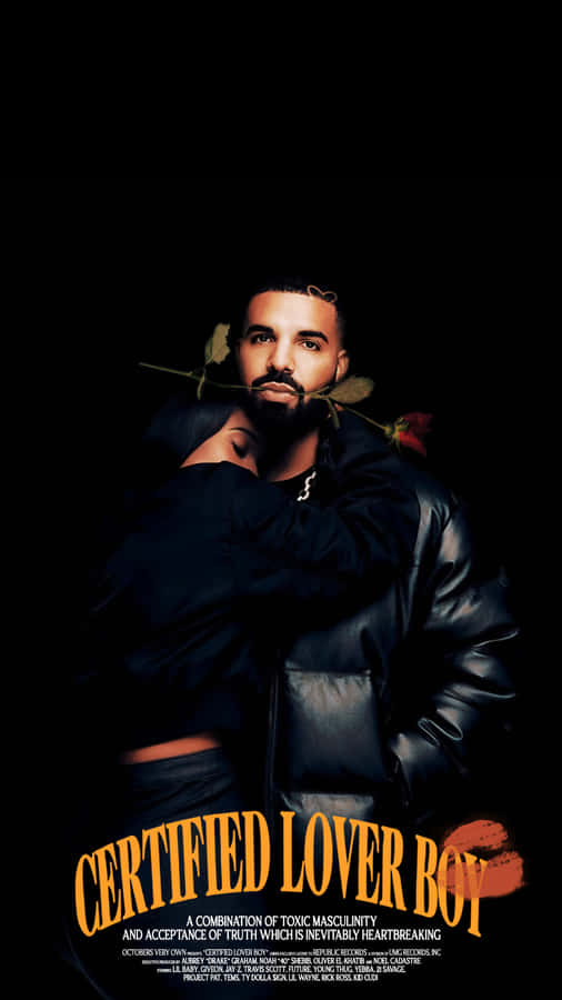 Aesthetic Drake 桌布 壁紙 — Drake 在黑色背景前強烈凝視，口中含著一朵玫瑰，下方有專輯標題文字。