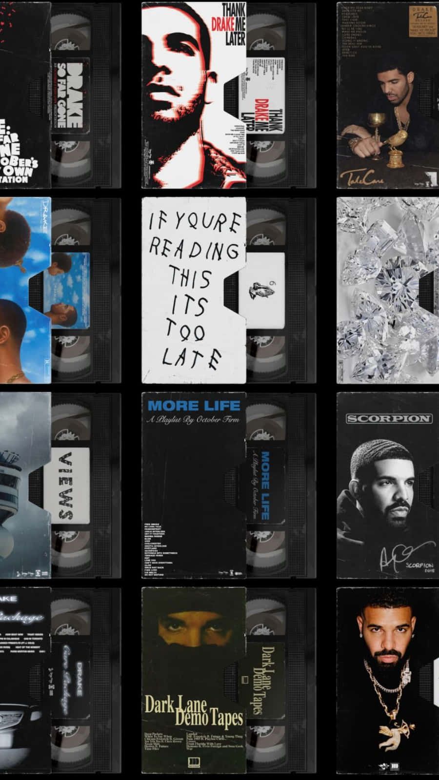 桌布 壁紙 — Drake 的 VHS 錄音帶專輯封面網格，以粗體文字和他的肖像呈現單色和鮮豔的設計。