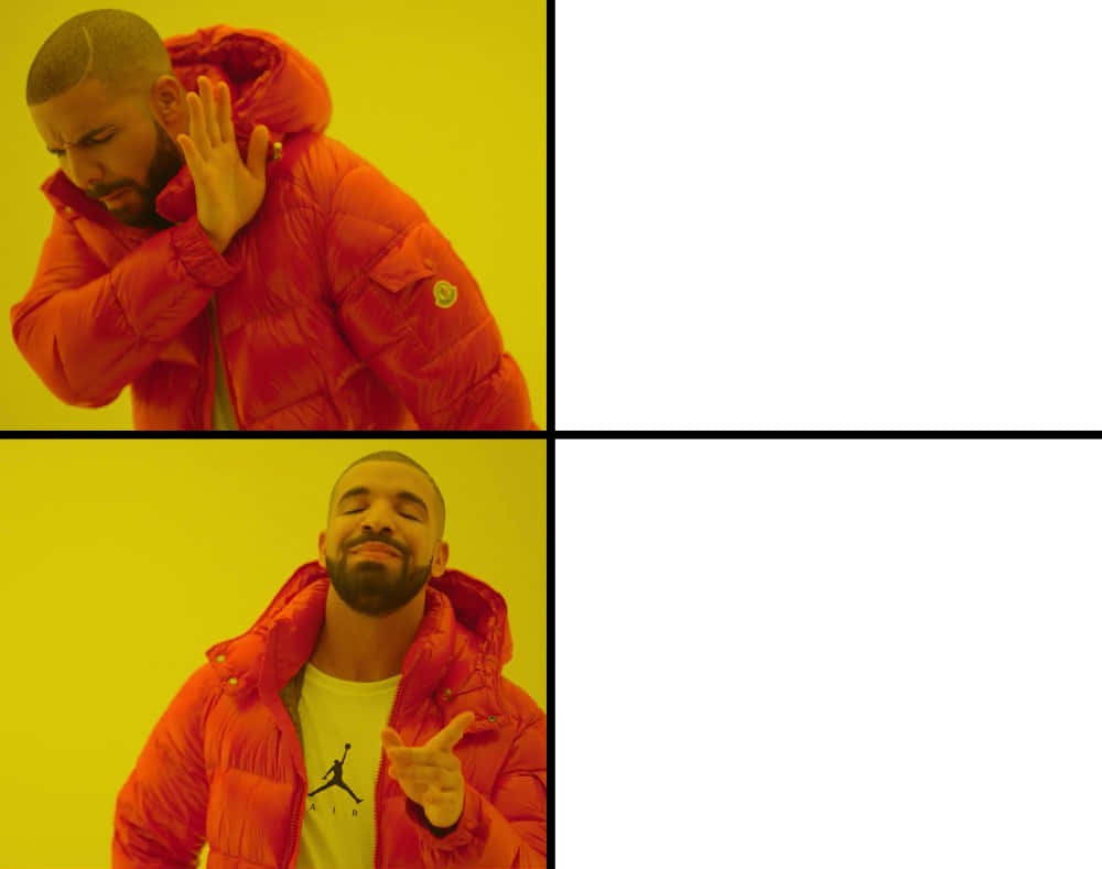 Blank Meme 桌布 壁紙 — Drake 身穿紅色羽絨外套，在純黃色背景前擺出單手貼耳和手指槍的手勢。