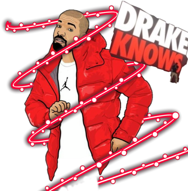 Drake 桌布 壁紙 — Drake 身穿紅色羽絨外套，自信地站在黑色背景前，背景有發光的紅色霓虹漩渦和「DRAKE KNOWS」標誌。