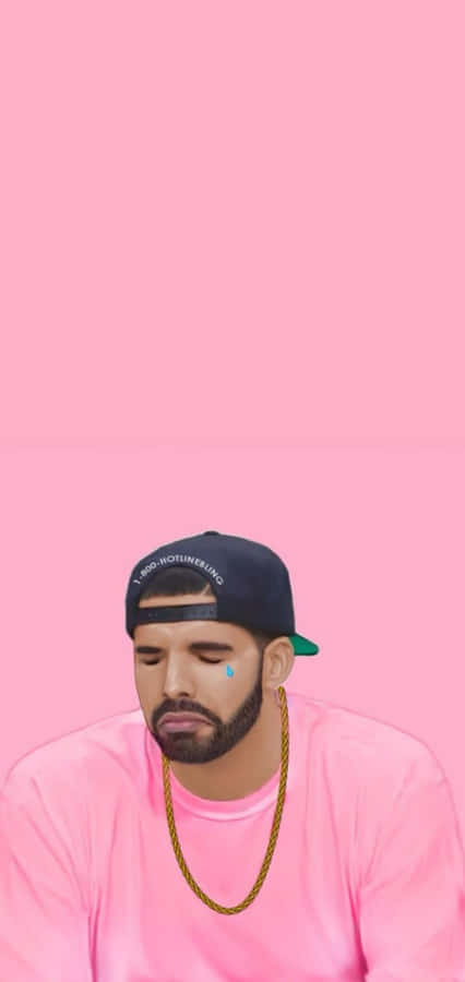 Aesthetic Drake 桌布 壁紙 — Drake 閉上眼睛，臉頰上有一滴眼淚，背景為純粉紅色。