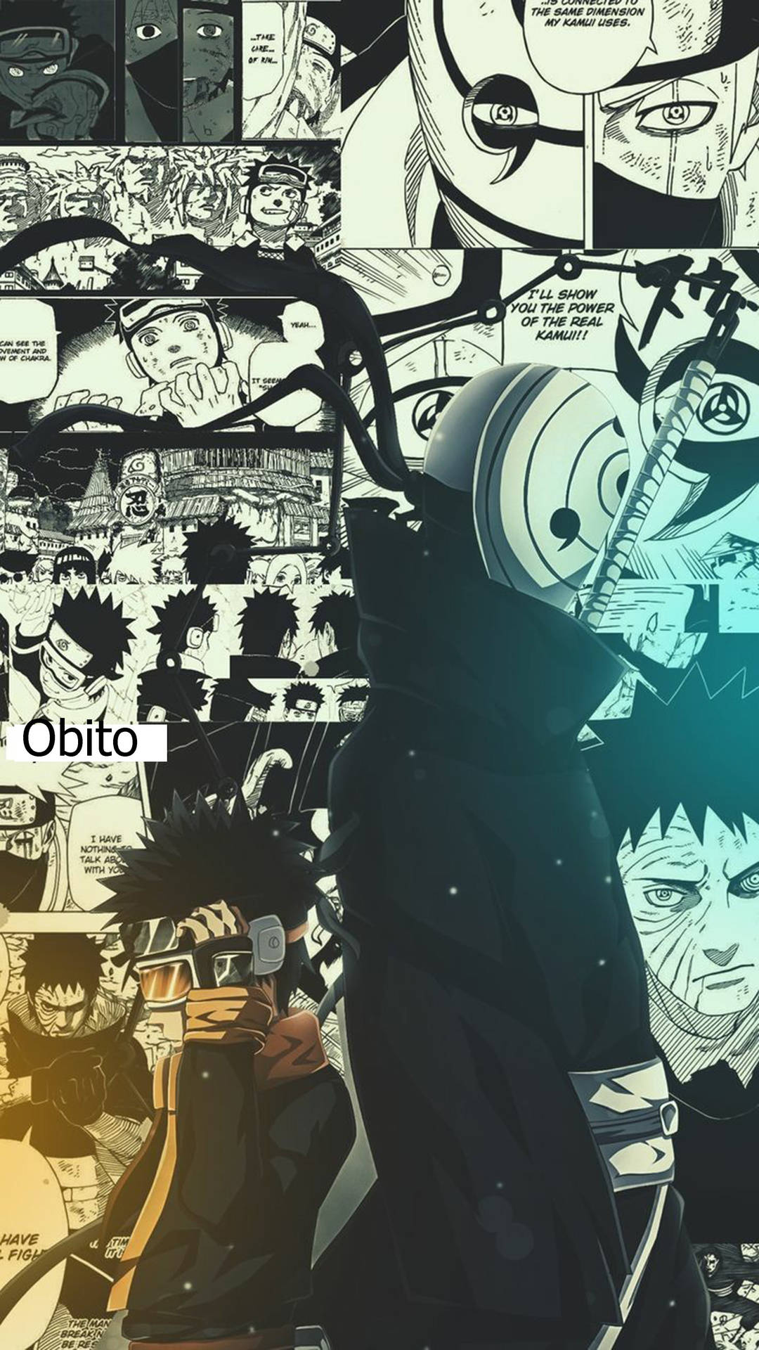 Obito Uchiha 身穿深色斗篷，被漫畫面板和強烈的角色表情包圍。 — 火影忍者 4K 壁紙