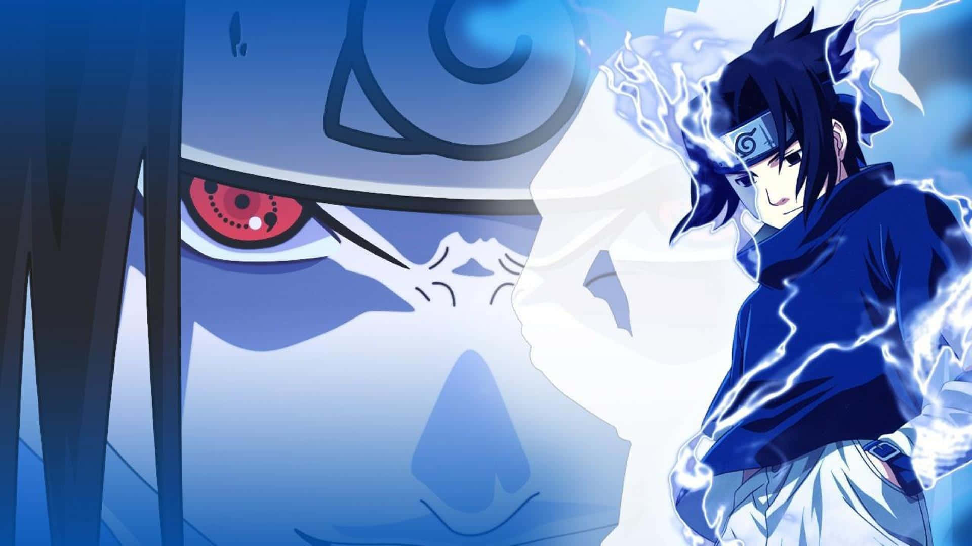 被閃電包圍的動漫忍者與一個紅色眼睛的面具人物對峙。 — Sasuke 壁紙