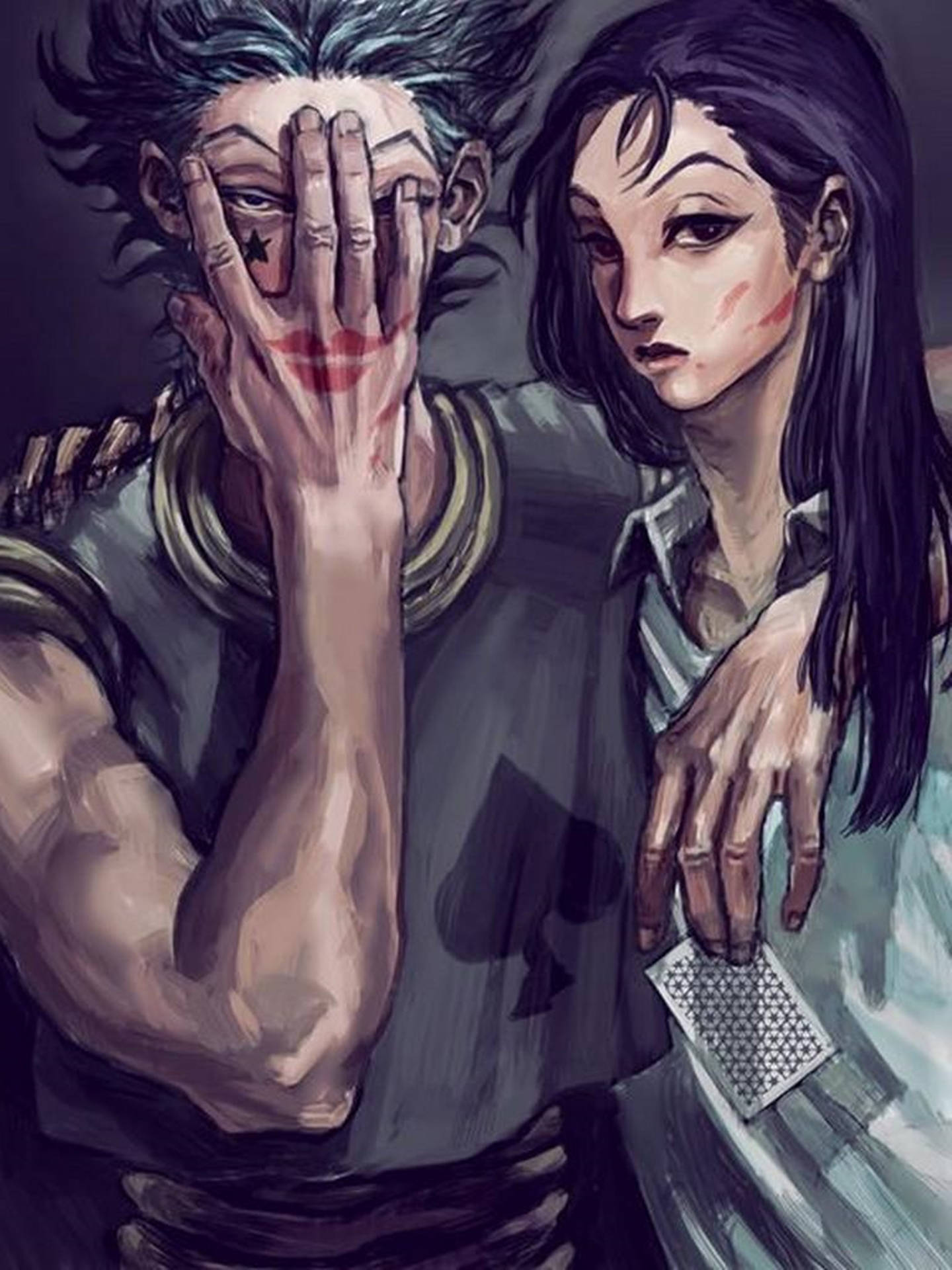 在黑暗的動漫場景中，一名男子遮住臉，而一名女子拿著撲克牌。 — 4K 壁紙